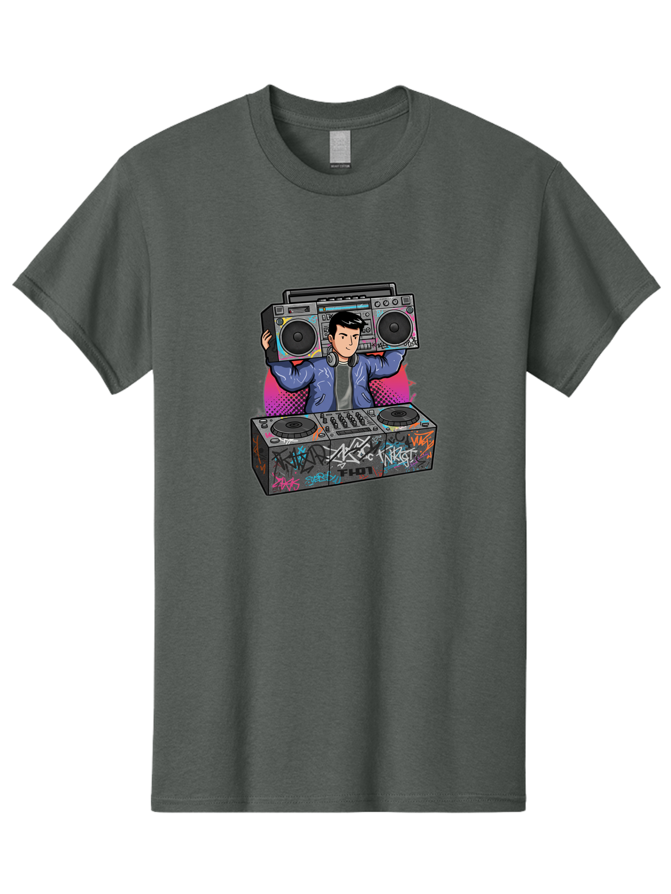 Dj-Mixing-1 Men'S Graphic Tee, 100% Cotton, Comfortable Casual Summer Wear, Machine Washable, Dj Spinning Tracks, Boombox Stereo, Graffiti Art, Turntables Mix, Dj Controller, Electronic Dance Music, Vibrant Colors, Urban Culture, Bad043