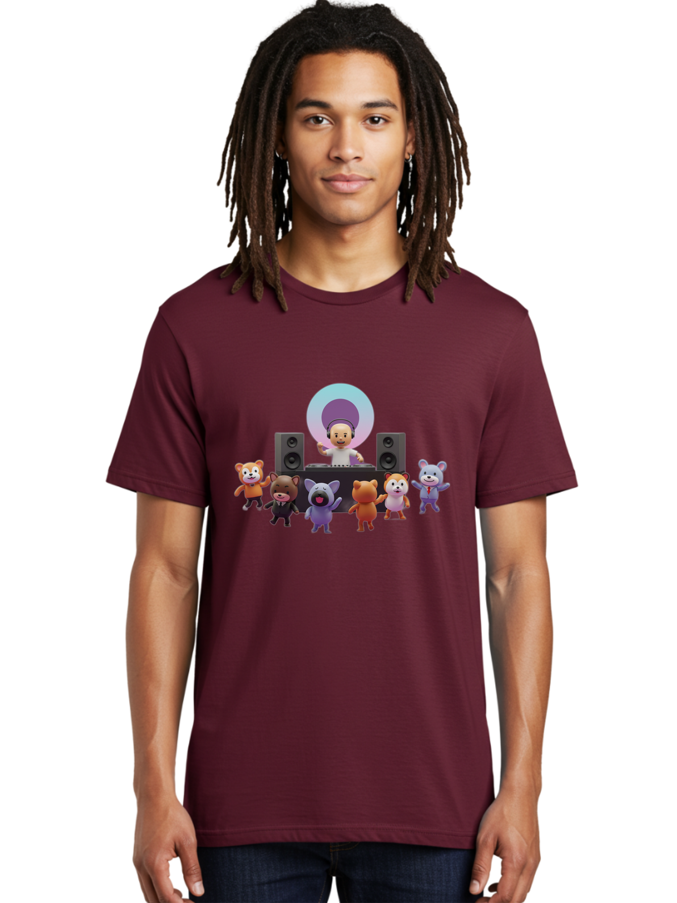 Dj-With-Animal-Friends Men'S Graphic Tee, 100% Cotton, Comfortable Casual Summer Wear, Machine Washable, Dj Spinning Tracks, Cartoon Animals Dancing, Fun Party Vibe, Music Festival Atmosphere, Happy Cartoon Characters, Dancing Bears, Fox, Bad047