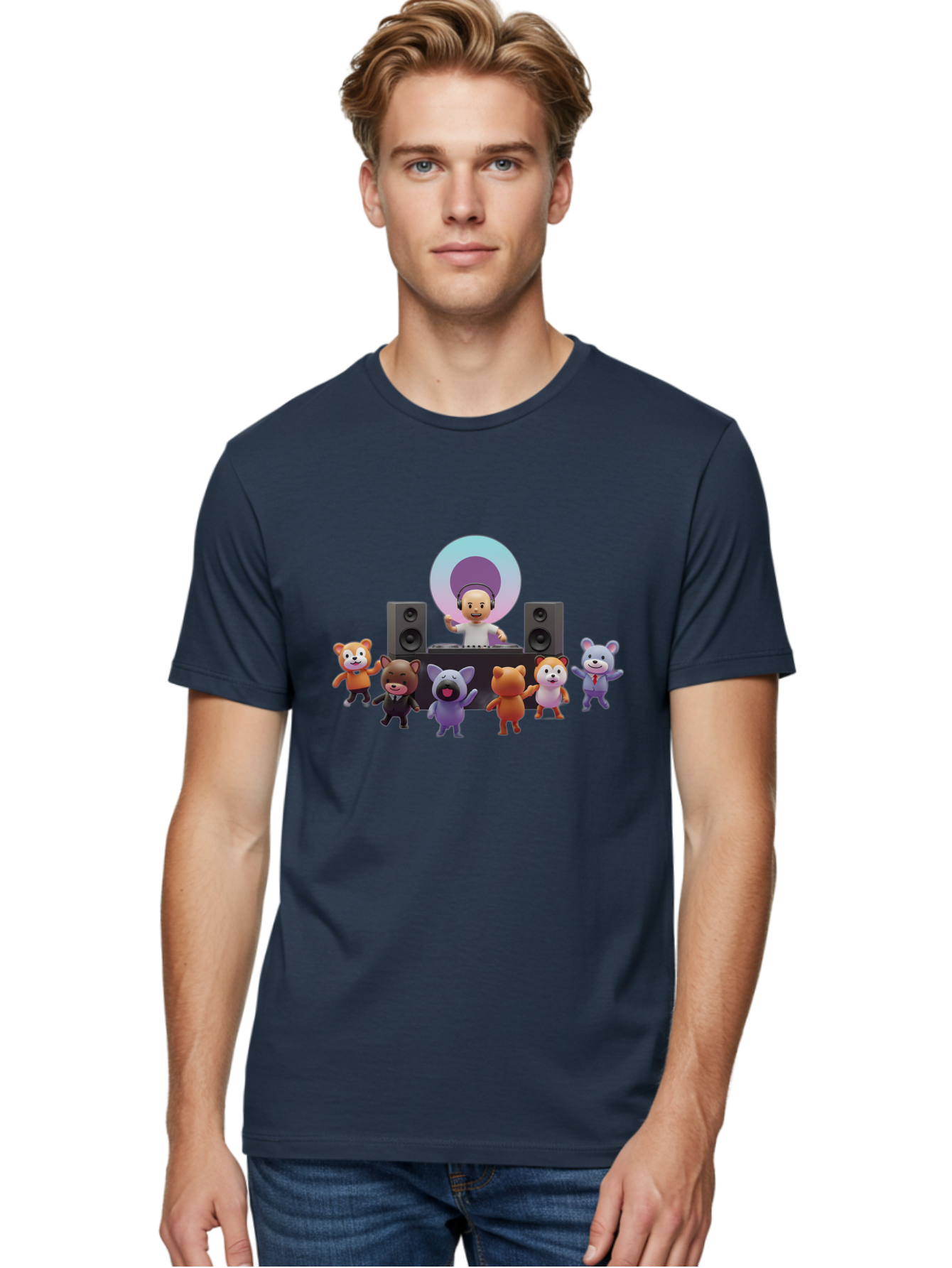 Dj-With-Animal-Friends Men'S Graphic Tee, 100% Cotton, Comfortable Casual Summer Wear, Machine Washable, Dj Spinning Tracks, Cartoon Animals Dancing, Fun Party Vibe, Music Festival Atmosphere, Happy Cartoon Characters, Dancing Bears, Fox, Bad047