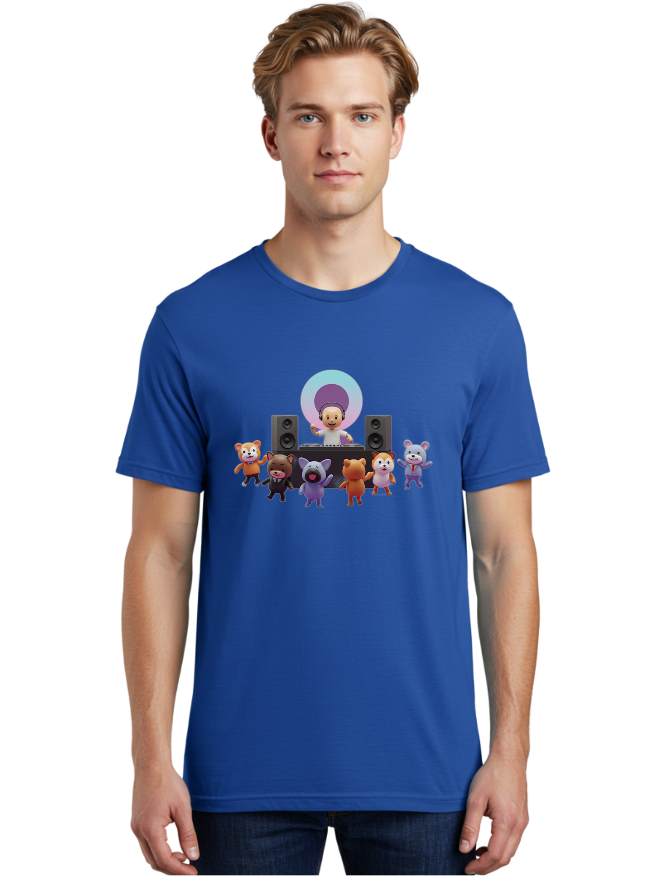 Dj-With-Animal-Friends Men'S Graphic Tee, 100% Cotton, Comfortable Casual Summer Wear, Machine Washable, Dj Spinning Tracks, Cartoon Animals Dancing, Fun Party Vibe, Music Festival Atmosphere, Happy Cartoon Characters, Dancing Bears, Fox, Bad047