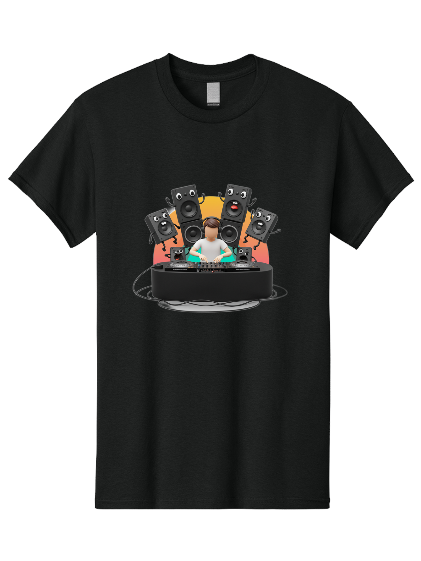 Dj-With-Funny-Speakers Men'S Graphic Tee, 100% Cotton, Comfortable Casual Summer Wear, Machine Washable, Dj Mixing Music On Turntables, Speaker Systems, Cartoon-Style Speakers With Faces, Electronic Dance Music, Sound Equipment, Dj Setup, Bad048
