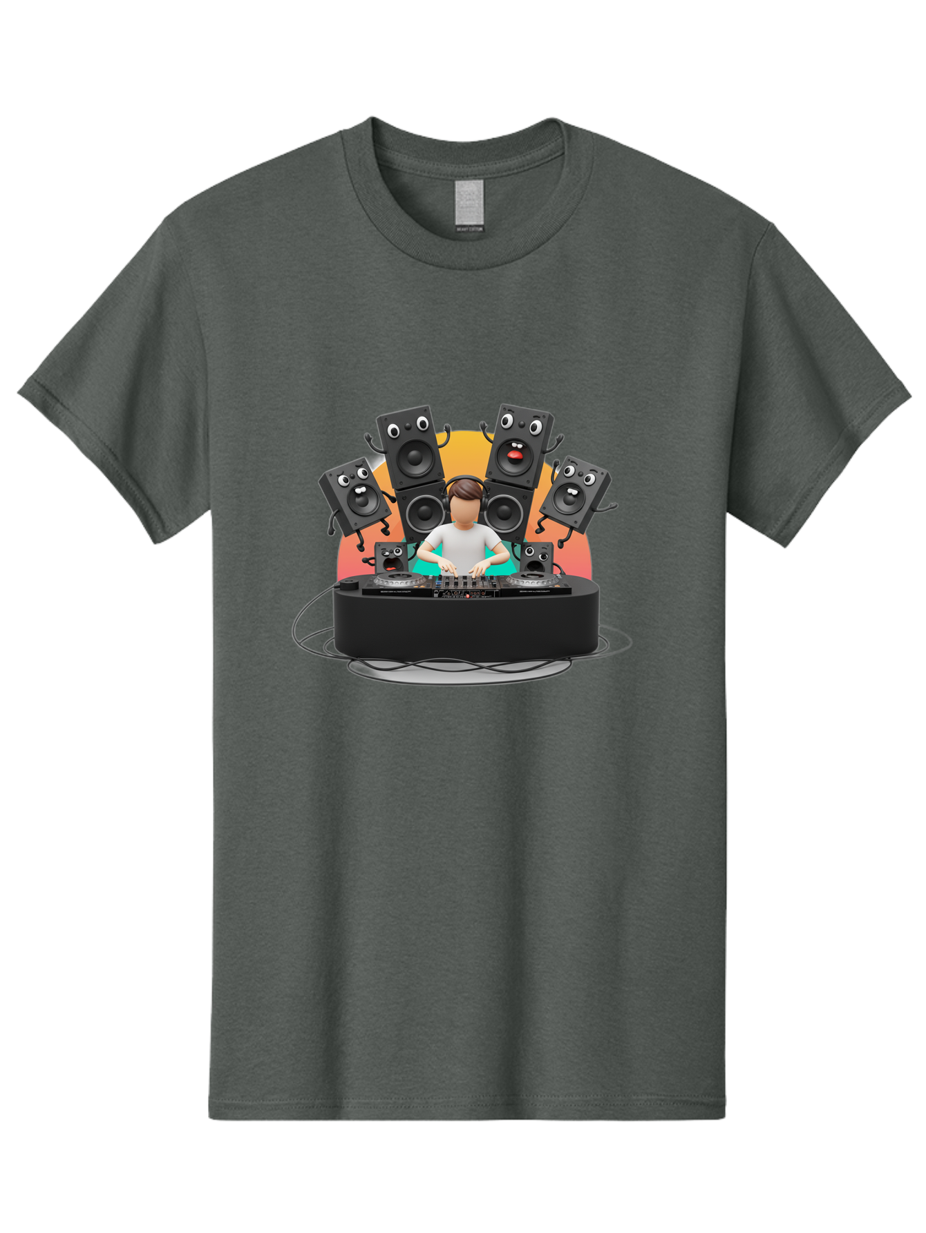 Dj-With-Funny-Speakers Men'S Graphic Tee, 100% Cotton, Comfortable Casual Summer Wear, Machine Washable, Dj Mixing Music On Turntables, Speaker Systems, Cartoon-Style Speakers With Faces, Electronic Dance Music, Sound Equipment, Dj Setup, Bad048