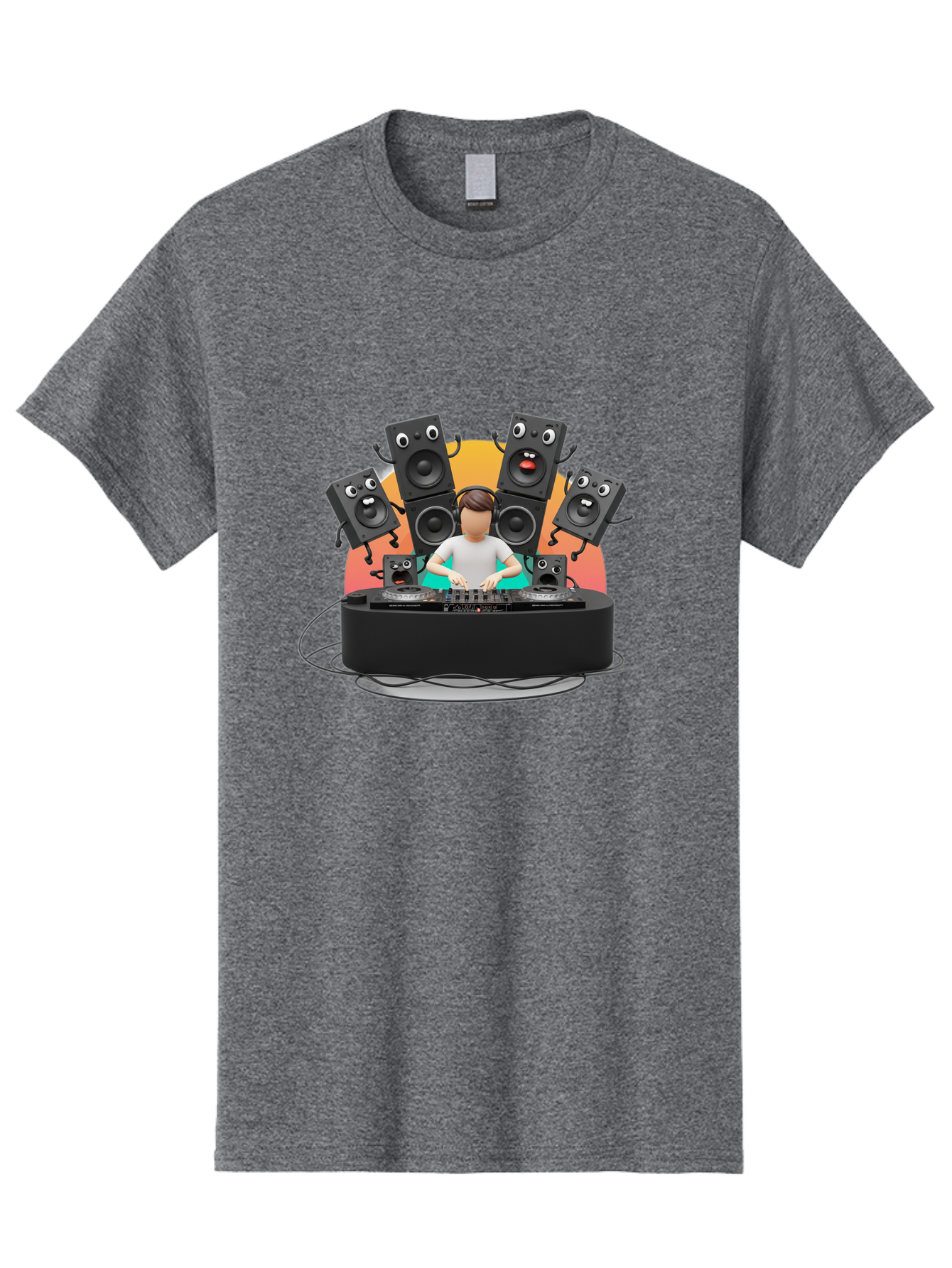 Dj-With-Funny-Speakers Men'S Graphic Tee, 100% Cotton, Comfortable Casual Summer Wear, Machine Washable, Dj Mixing Music On Turntables, Speaker Systems, Cartoon-Style Speakers With Faces, Electronic Dance Music, Sound Equipment, Dj Setup, Bad048