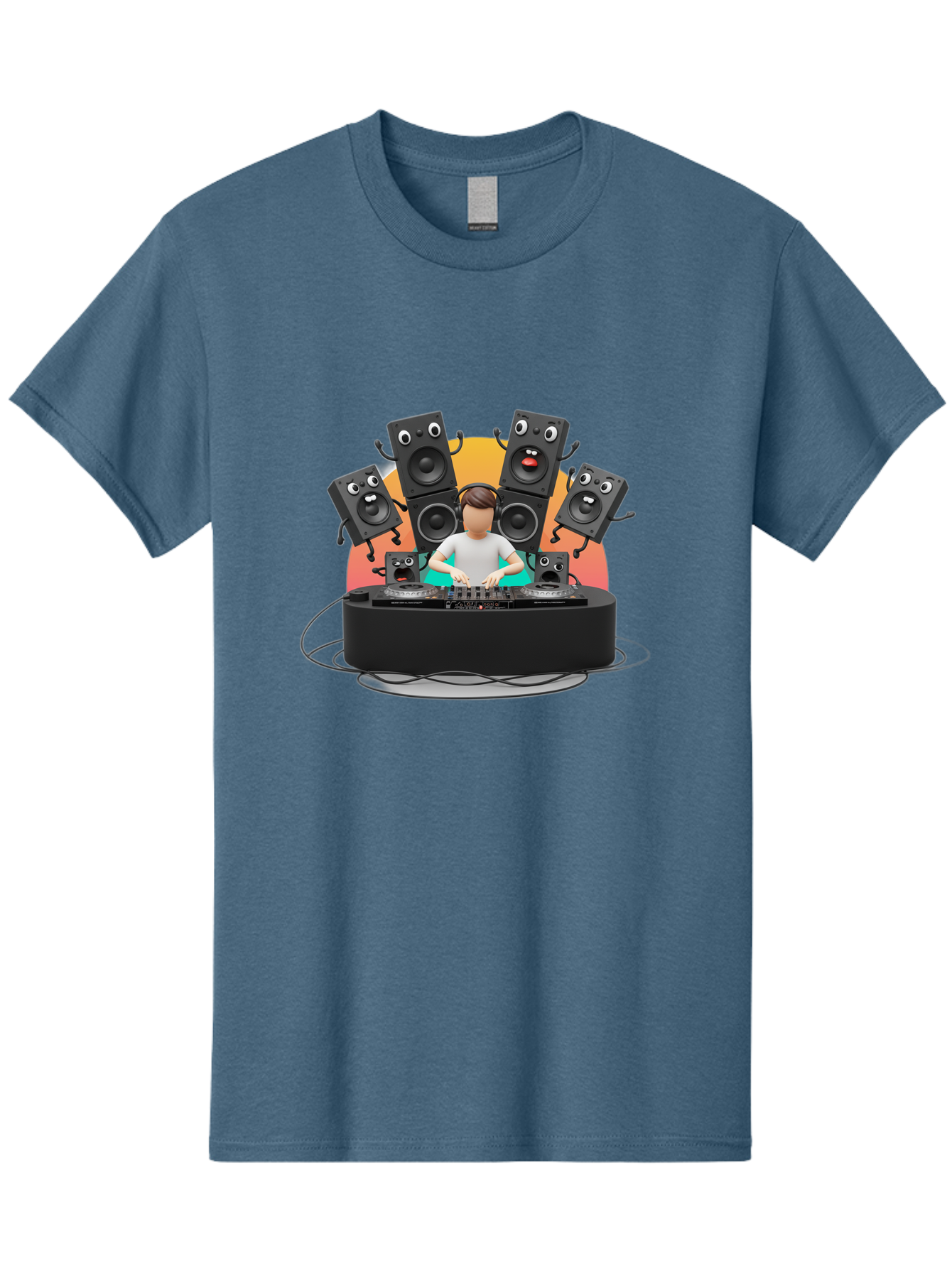 Dj-With-Funny-Speakers Men'S Graphic Tee, 100% Cotton, Comfortable Casual Summer Wear, Machine Washable, Dj Mixing Music On Turntables, Speaker Systems, Cartoon-Style Speakers With Faces, Electronic Dance Music, Sound Equipment, Dj Setup, Bad048