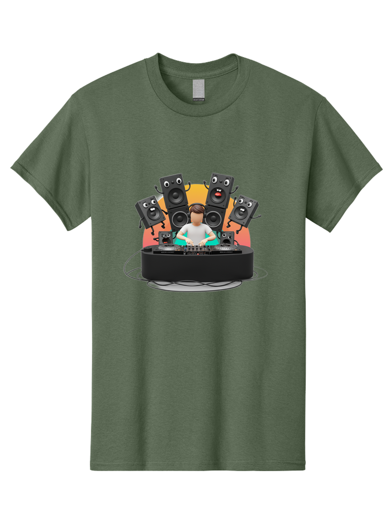 Dj-With-Funny-Speakers Men'S Graphic Tee, 100% Cotton, Comfortable Casual Summer Wear, Machine Washable, Dj Mixing Music On Turntables, Speaker Systems, Cartoon-Style Speakers With Faces, Electronic Dance Music, Sound Equipment, Dj Setup, Bad048