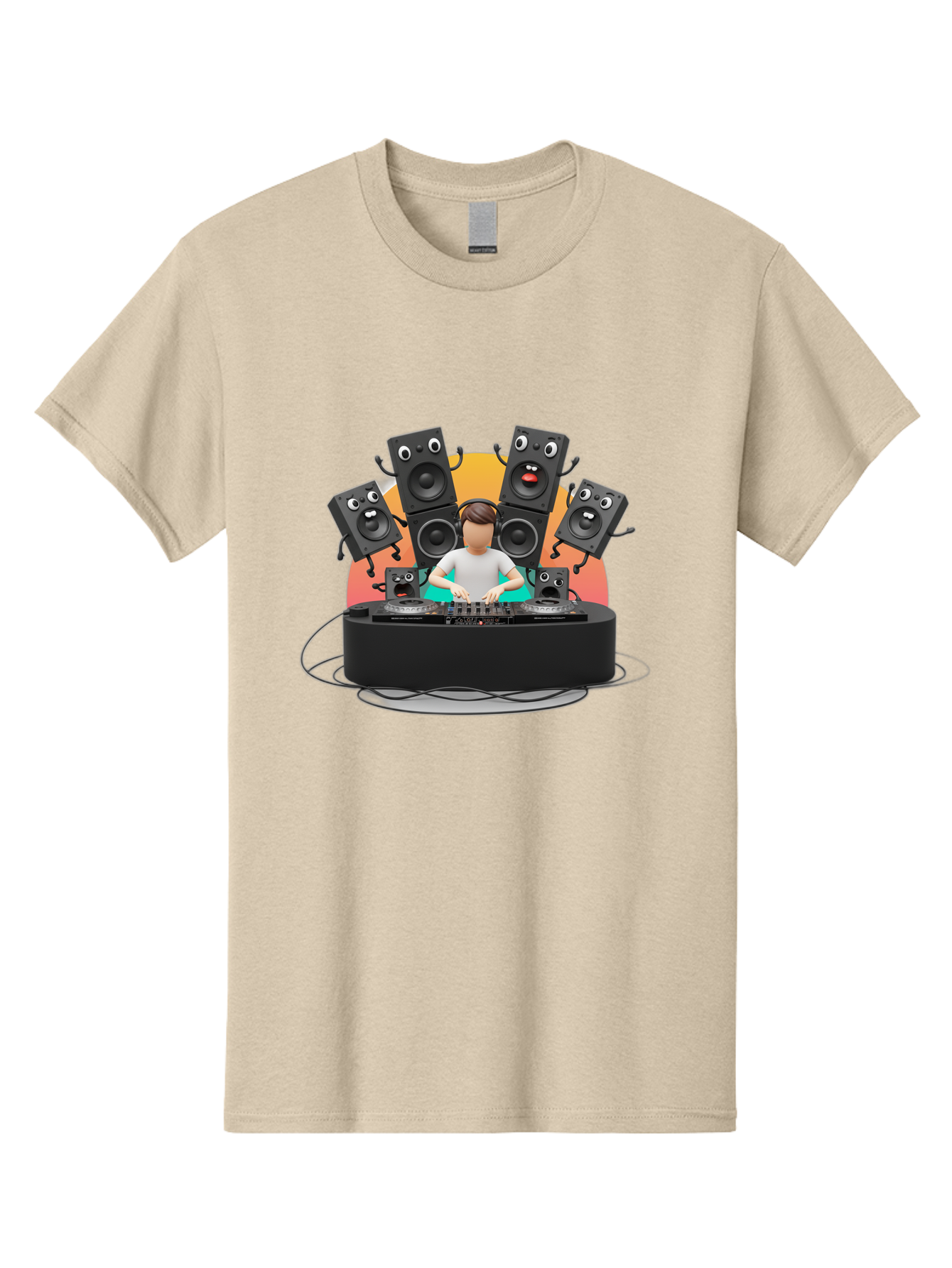 Dj-With-Funny-Speakers Men'S Graphic Tee, 100% Cotton, Comfortable Casual Summer Wear, Machine Washable, Dj Mixing Music On Turntables, Speaker Systems, Cartoon-Style Speakers With Faces, Electronic Dance Music, Sound Equipment, Dj Setup, Bad048