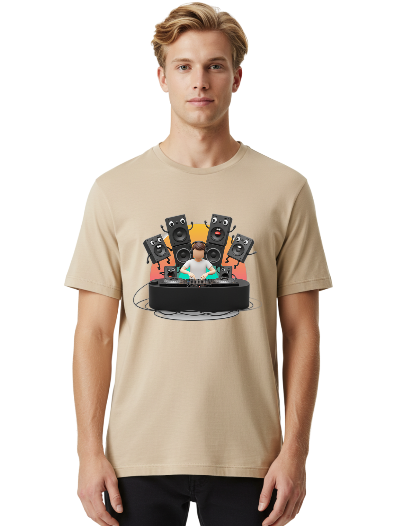 Dj-With-Funny-Speakers Men'S Graphic Tee, 100% Cotton, Comfortable Casual Summer Wear, Machine Washable, Dj Mixing Music On Turntables, Speaker Systems, Cartoon-Style Speakers With Faces, Electronic Dance Music, Sound Equipment, Dj Setup, Bad048