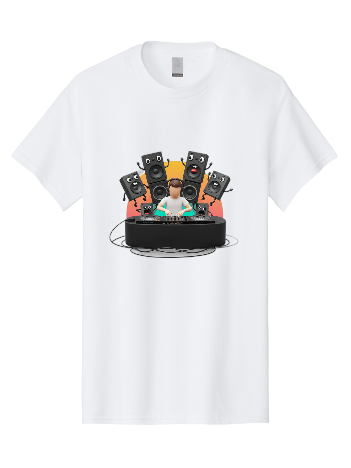 Dj-With-Funny-Speakers Men'S Graphic Tee, 100% Cotton, Comfortable Casual Summer Wear, Machine Washable, Dj Mixing Music On Turntables, Speaker Systems, Cartoon-Style Speakers With Faces, Electronic Dance Music, Sound Equipment, Dj Setup, Bad048