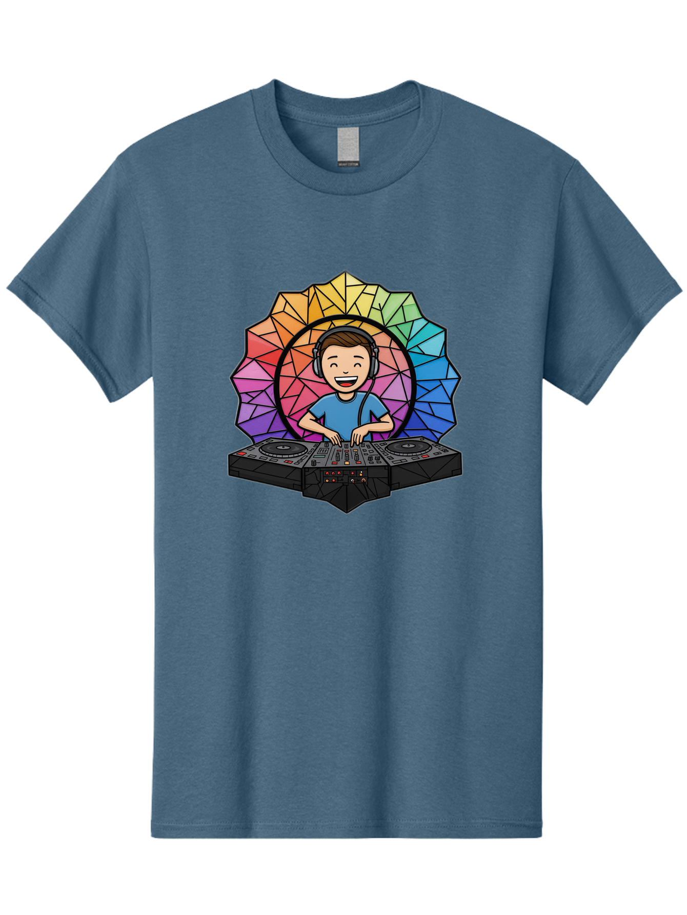 Dj Men'S Graphic Tee, 100% Cotton, Comfortable Casual Summer Wear, Machine Washable, Cartoon Dj, Boy Mixing Music, Dj Controller, Headphone-Wearing Dj, Colorful Geometric Shape, Happy Entertainer, Music Production, Modern Art Bad051