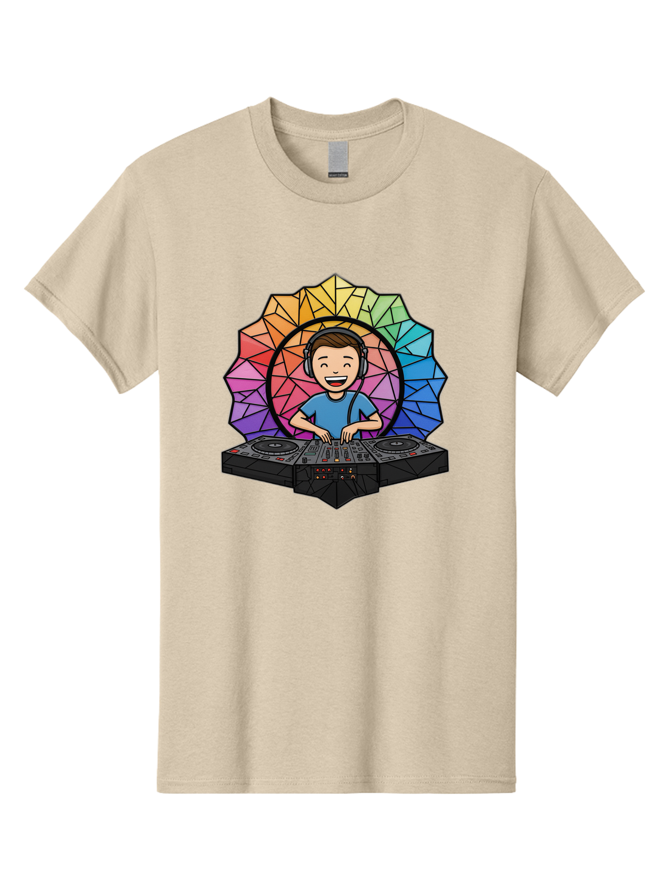 Dj Men'S Graphic Tee, 100% Cotton, Comfortable Casual Summer Wear, Machine Washable, Cartoon Dj, Boy Mixing Music, Dj Controller, Headphone-Wearing Dj, Colorful Geometric Shape, Happy Entertainer, Music Production, Modern Art Bad051