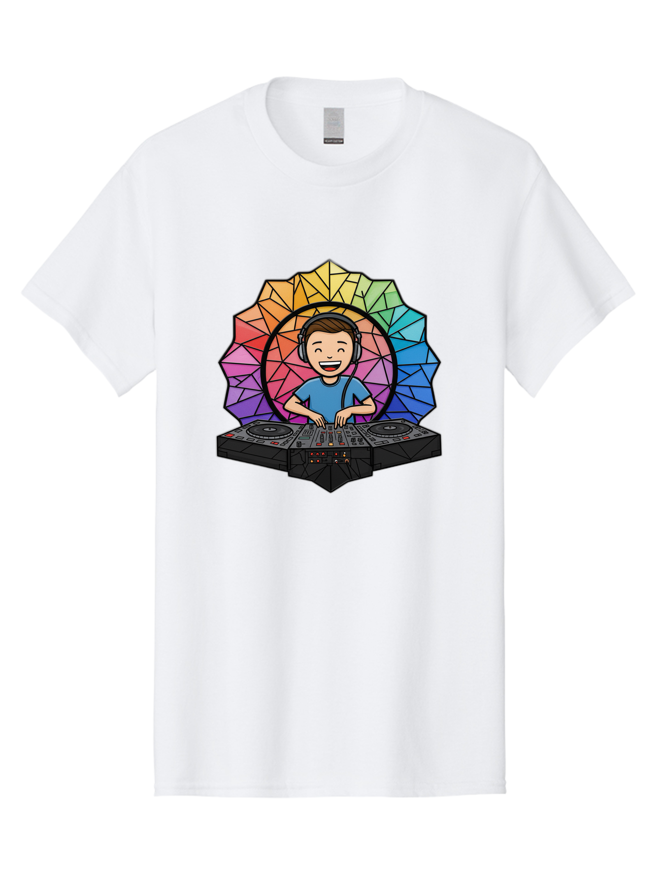 Dj Men'S Graphic Tee, 100% Cotton, Comfortable Casual Summer Wear, Machine Washable, Cartoon Dj, Boy Mixing Music, Dj Controller, Headphone-Wearing Dj, Colorful Geometric Shape, Happy Entertainer, Music Production, Modern Art Bad051