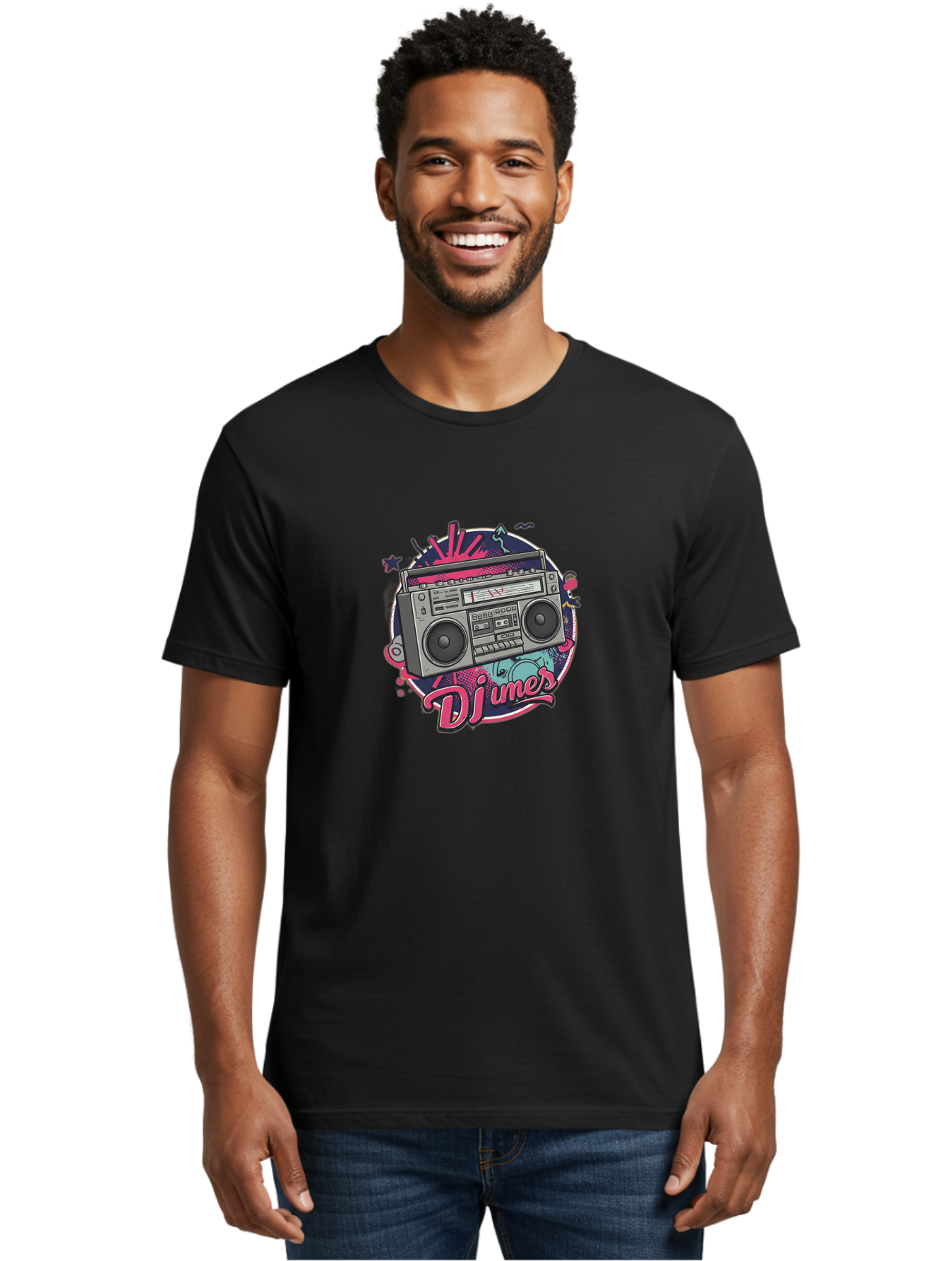 Djumer-Boombox Men'S Graphic Tee, 100% Cotton, Comfortable Casual Summer Wear, Machine Washable, Retro Boombox, Vinyl Records, Dj Equipment, Neon Lights, Graffiti Art, Street Culture, Music Beats, Cassette Player, Nostalgic Vibe Bad052
