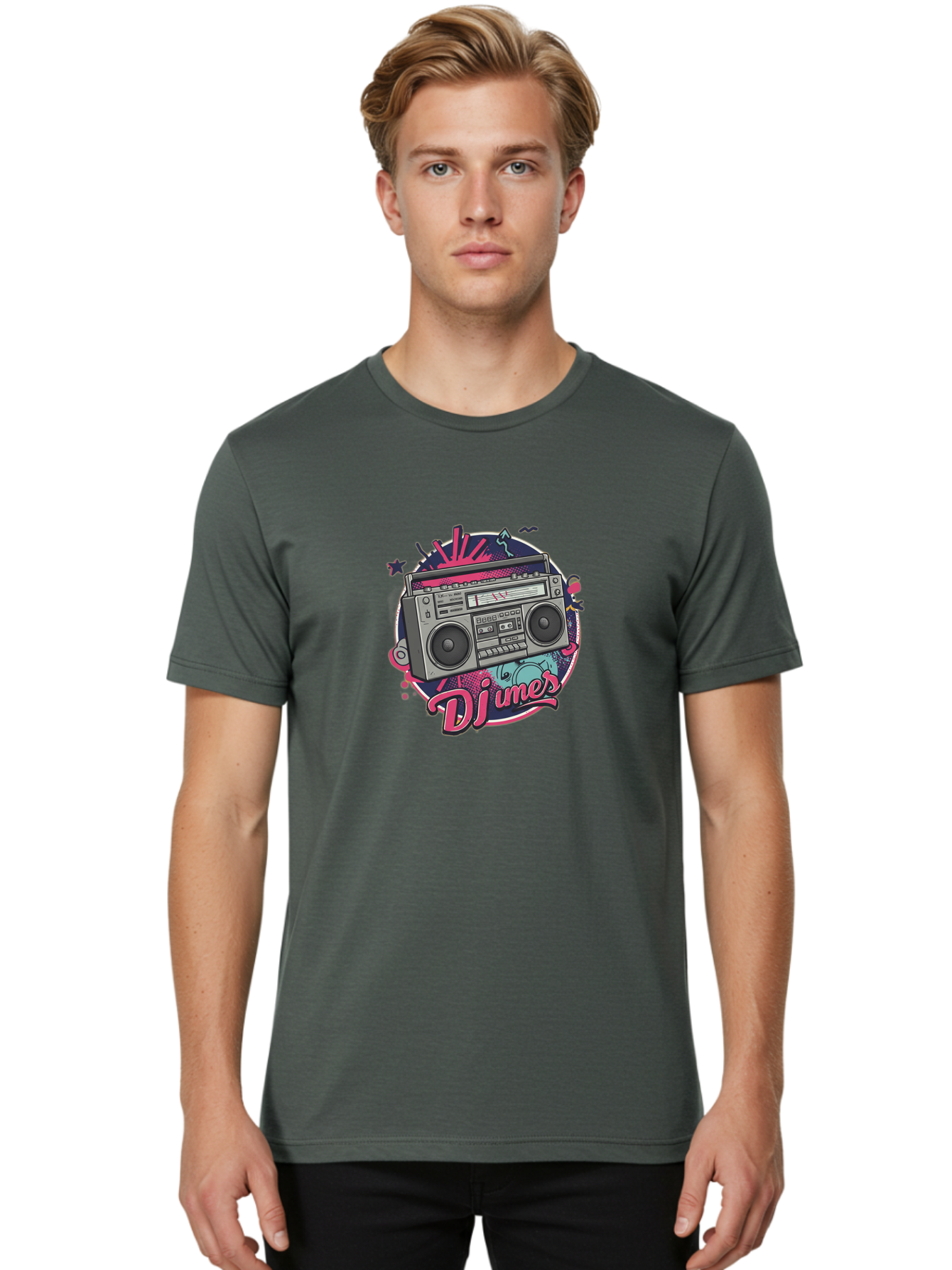 Djumer-Boombox Men'S Graphic Tee, 100% Cotton, Comfortable Casual Summer Wear, Machine Washable, Retro Boombox, Vinyl Records, Dj Equipment, Neon Lights, Graffiti Art, Street Culture, Music Beats, Cassette Player, Nostalgic Vibe Bad052