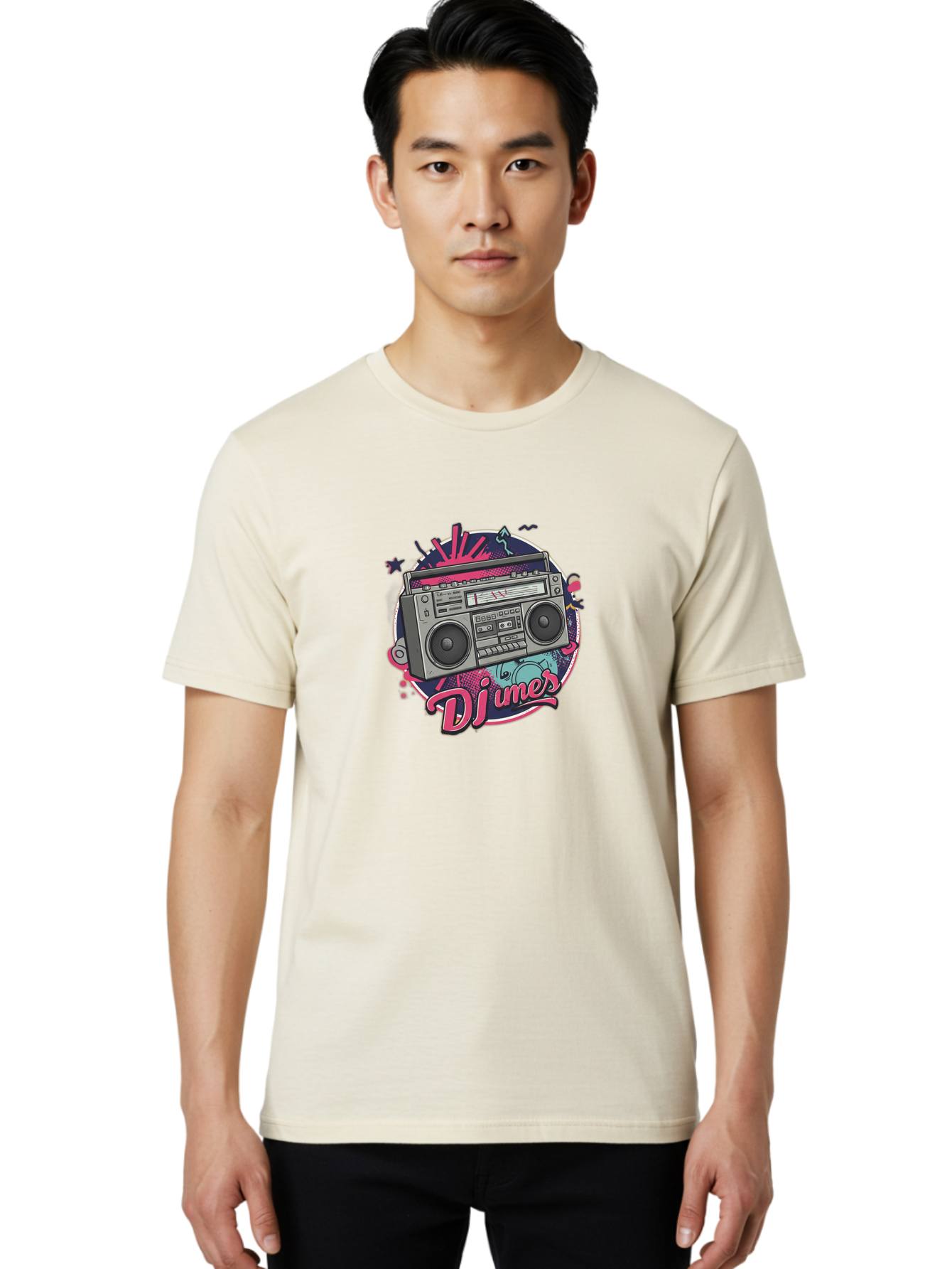 Djumer-Boombox Men'S Graphic Tee, 100% Cotton, Comfortable Casual Summer Wear, Machine Washable, Retro Boombox, Vinyl Records, Dj Equipment, Neon Lights, Graffiti Art, Street Culture, Music Beats, Cassette Player, Nostalgic Vibe Bad052