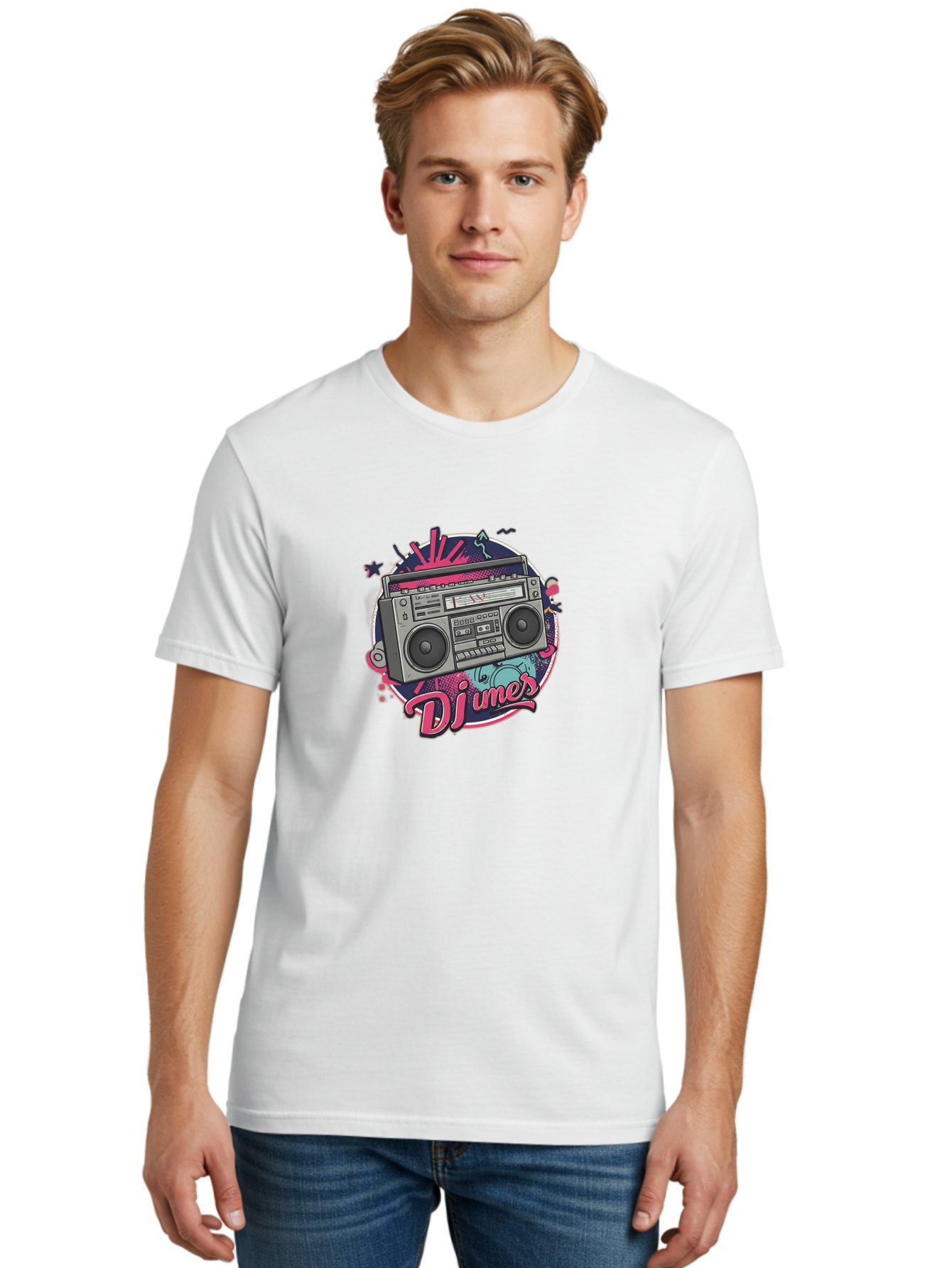 Djumer-Boombox Men'S Graphic Tee, 100% Cotton, Comfortable Casual Summer Wear, Machine Washable, Retro Boombox, Vinyl Records, Dj Equipment, Neon Lights, Graffiti Art, Street Culture, Music Beats, Cassette Player, Nostalgic Vibe Bad052