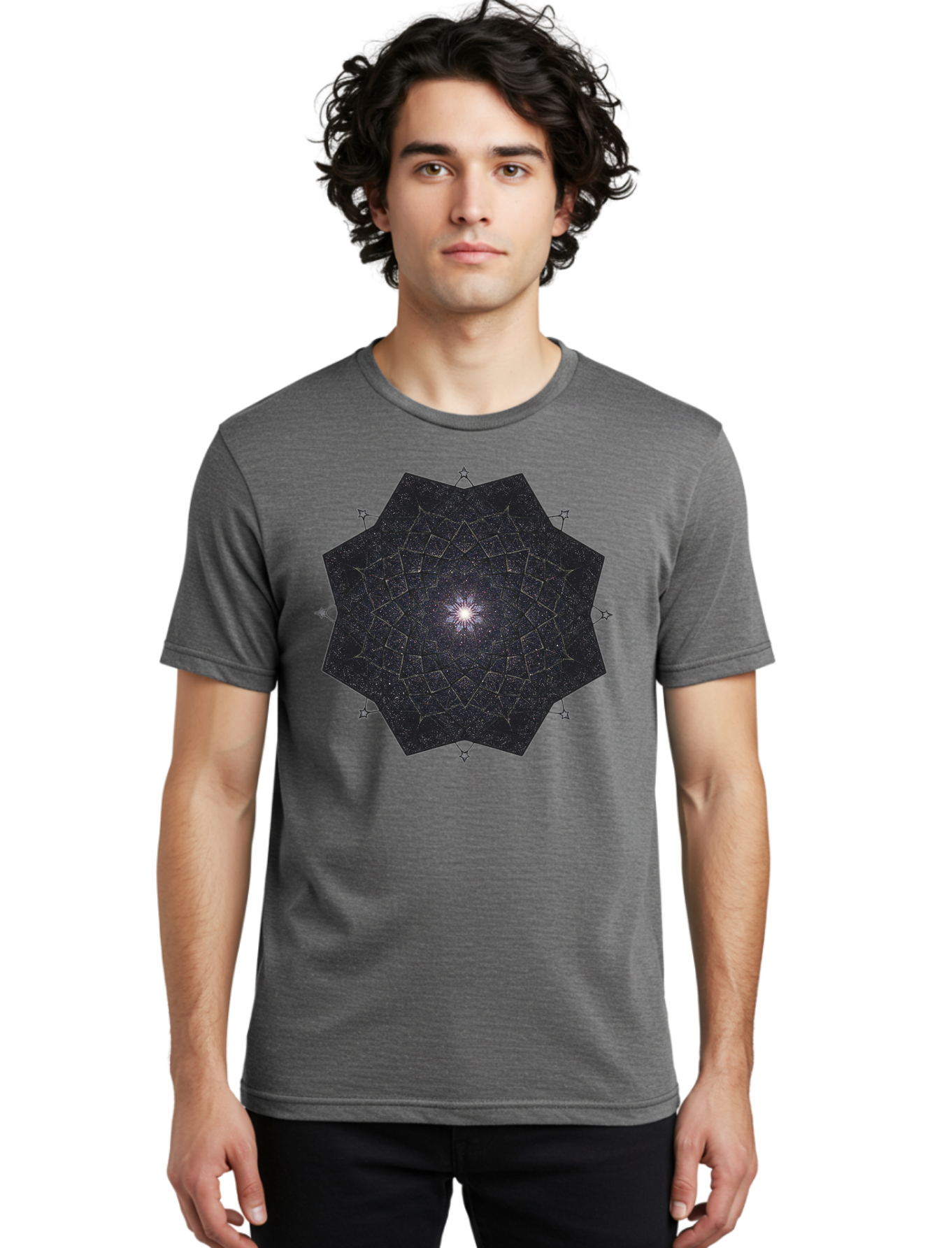 Dodecahedron-Galaxy Men'S Graphic Tee, 100% Cotton, Comfortable Casual Summer Wear, Machine Washable, Stylized Star Design, Geometric Pattern, Celestial Body, Starry Night Sky, Abstract Art, Modern Design, Futuristic, Digital Art Bad053