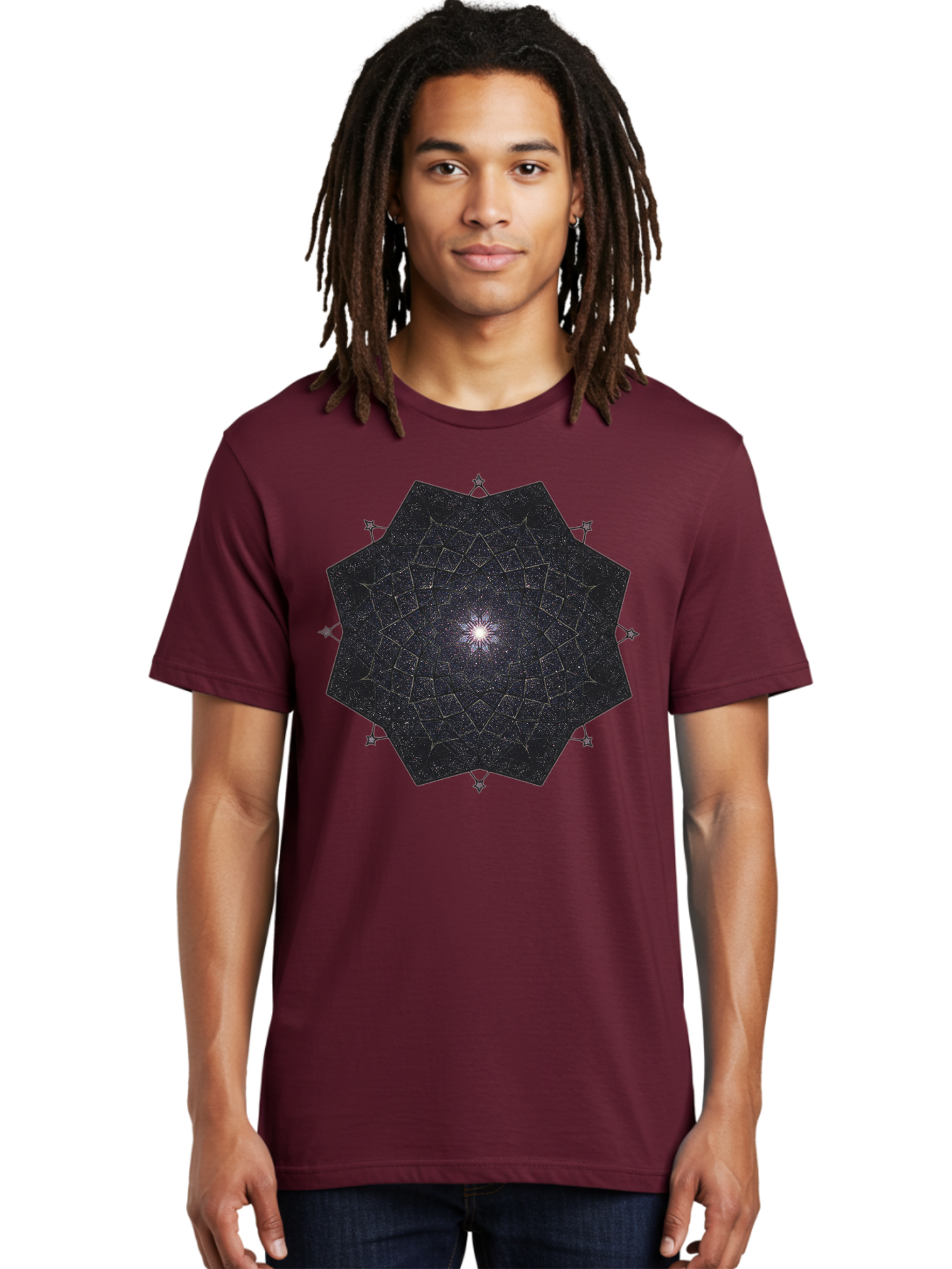 Dodecahedron-Galaxy Men'S Graphic Tee, 100% Cotton, Comfortable Casual Summer Wear, Machine Washable, Stylized Star Design, Geometric Pattern, Celestial Body, Starry Night Sky, Abstract Art, Modern Design, Futuristic, Digital Art Bad053