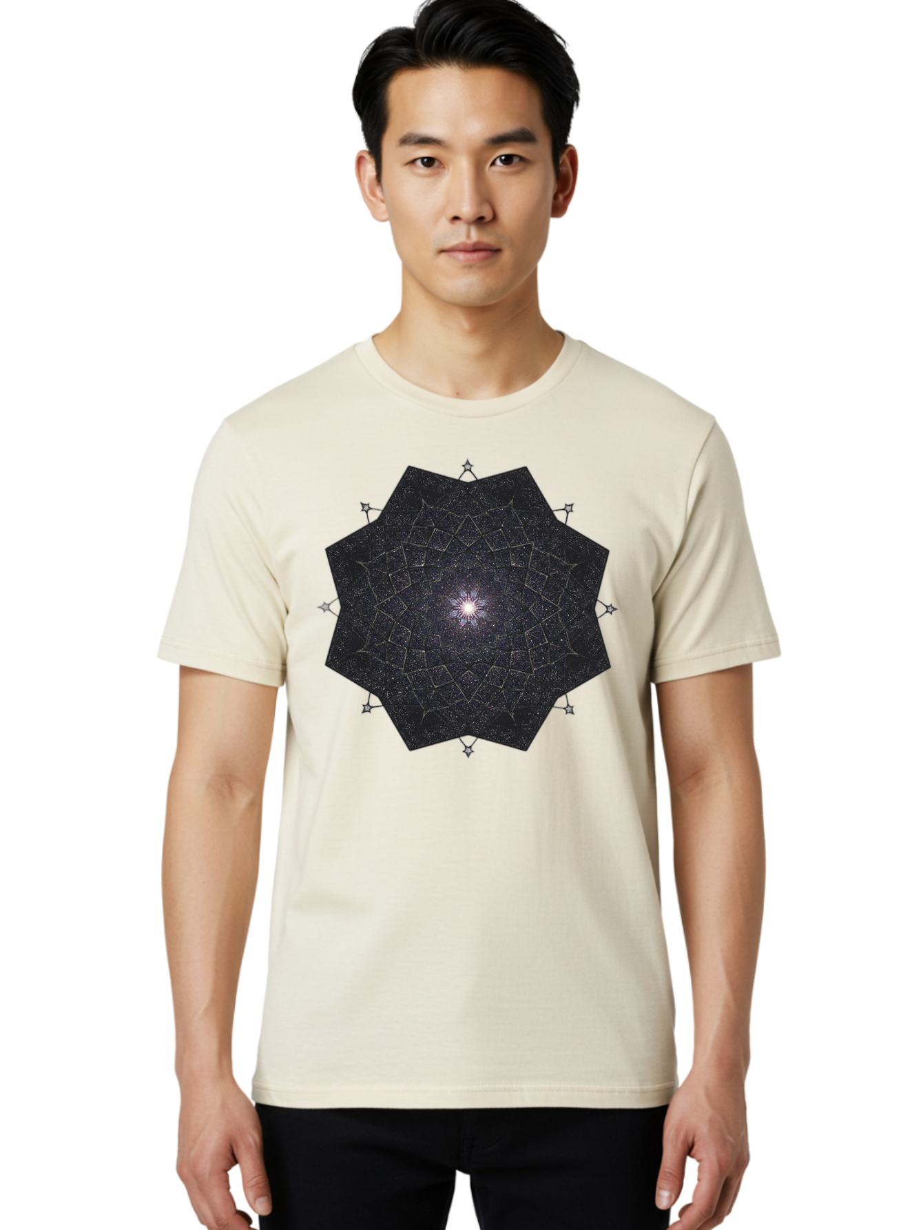 Dodecahedron-Galaxy Men'S Graphic Tee, 100% Cotton, Comfortable Casual Summer Wear, Machine Washable, Stylized Star Design, Geometric Pattern, Celestial Body, Starry Night Sky, Abstract Art, Modern Design, Futuristic, Digital Art Bad053