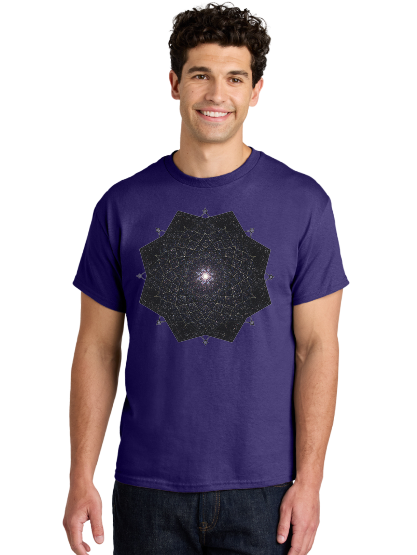 Dodecahedron-Galaxy Men'S Graphic Tee, 100% Cotton, Comfortable Casual Summer Wear, Machine Washable, Stylized Star Design, Geometric Pattern, Celestial Body, Starry Night Sky, Abstract Art, Modern Design, Futuristic, Digital Art Bad053