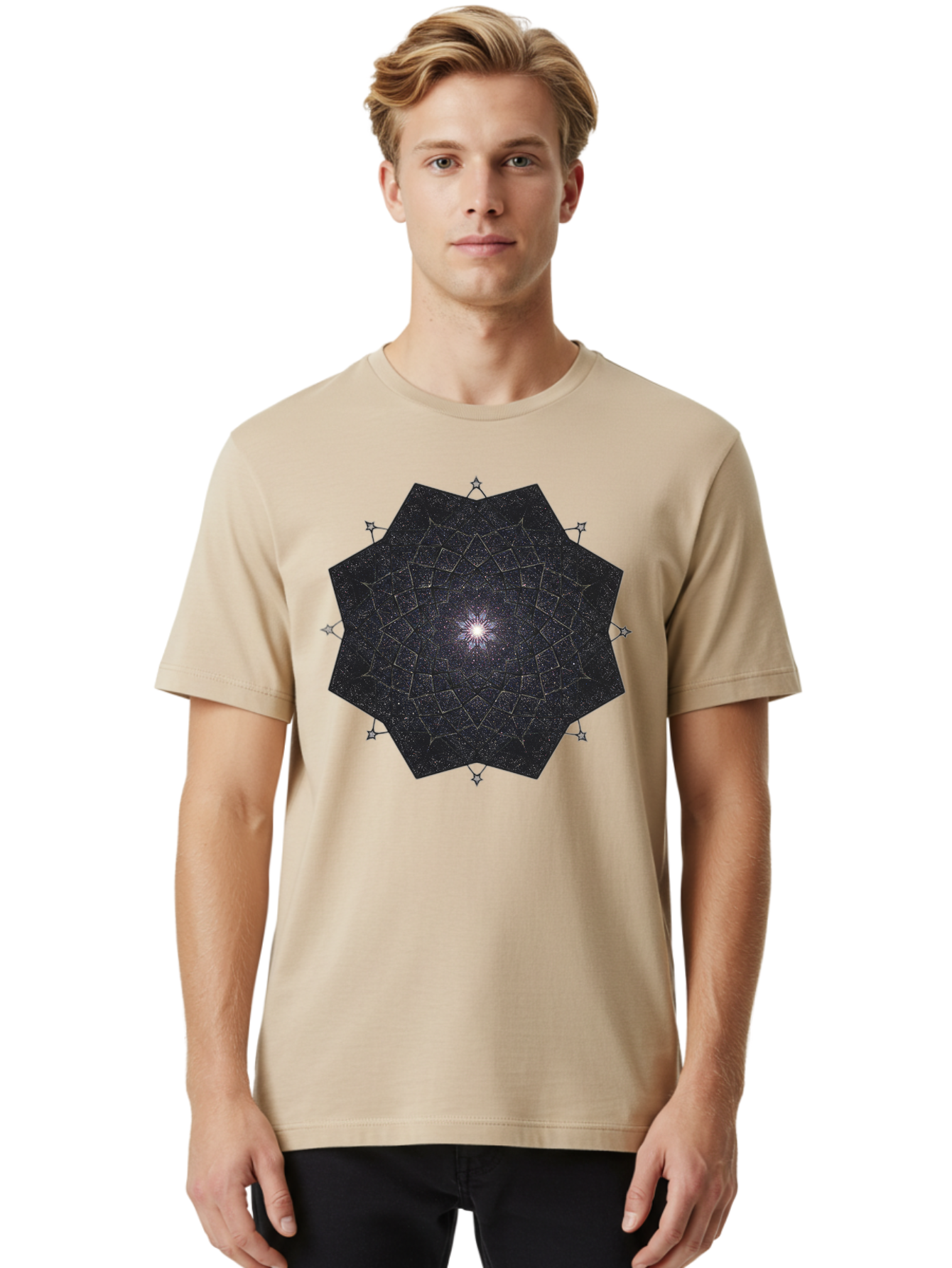 Dodecahedron-Galaxy Men'S Graphic Tee, 100% Cotton, Comfortable Casual Summer Wear, Machine Washable, Stylized Star Design, Geometric Pattern, Celestial Body, Starry Night Sky, Abstract Art, Modern Design, Futuristic, Digital Art Bad053