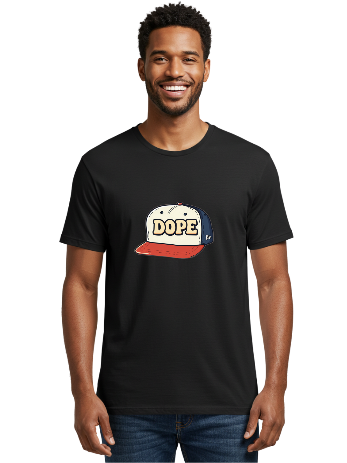 Dope-Baseball-Cap Men'S Graphic Tee, 100% Cotton, Comfortable Casual Summer Wear, Machine Washable, Baseball Cap, Red And Blue Cap, Dope Hat, Streetwear Fashion, New Era Logo, Bold Graphic, Cartoon Style, Trendy Accessory, Casual Wear, Bad055