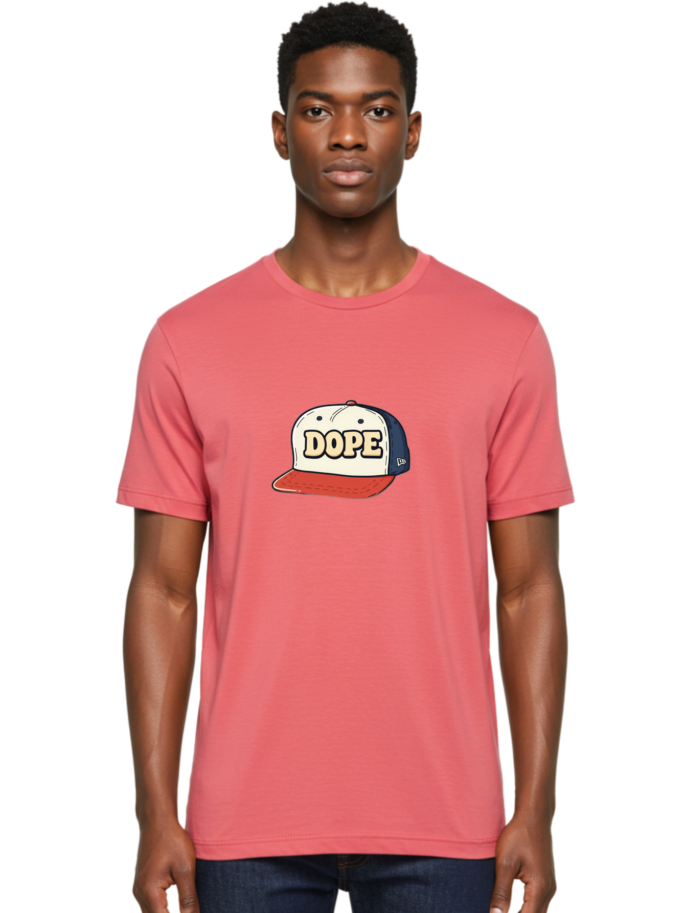 Dope-Baseball-Cap Men'S Graphic Tee, 100% Cotton, Comfortable Casual Summer Wear, Machine Washable, Baseball Cap, Red And Blue Cap, Dope Hat, Streetwear Fashion, New Era Logo, Bold Graphic, Cartoon Style, Trendy Accessory, Casual Wear, Bad055