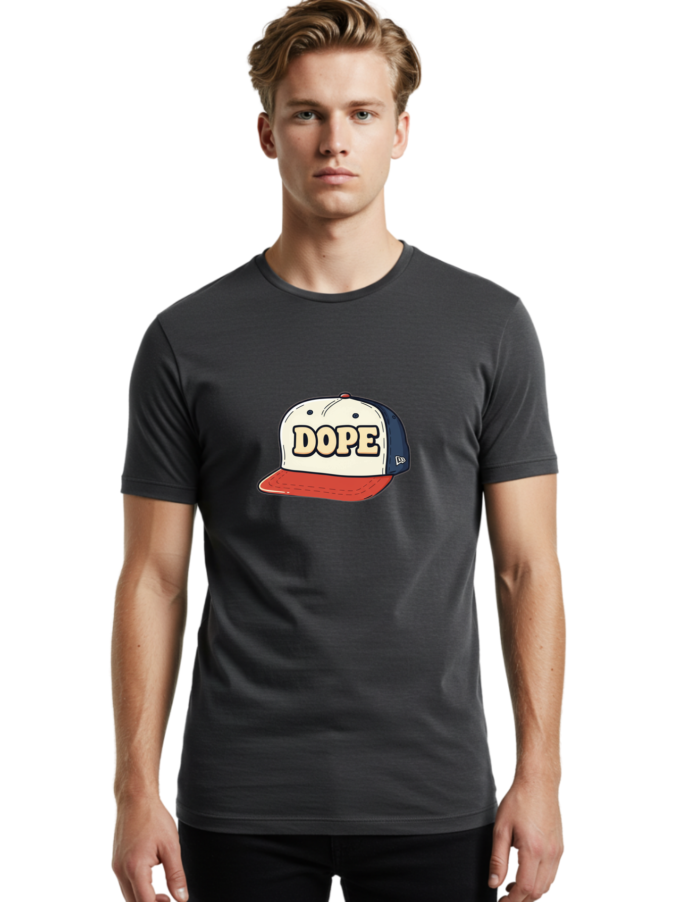 Dope-Baseball-Cap Men'S Graphic Tee, 100% Cotton, Comfortable Casual Summer Wear, Machine Washable, Baseball Cap, Red And Blue Cap, Dope Hat, Streetwear Fashion, New Era Logo, Bold Graphic, Cartoon Style, Trendy Accessory, Casual Wear, Bad055
