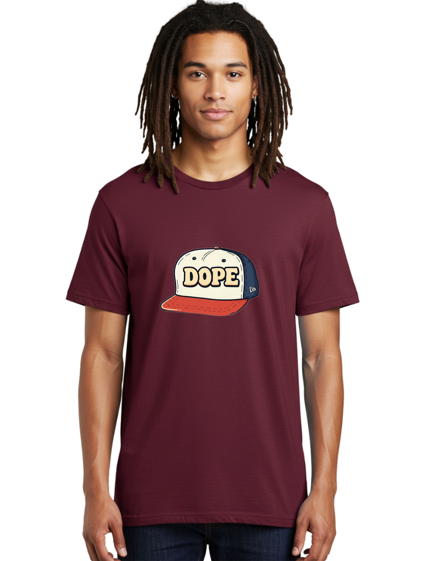 Dope-Baseball-Cap Men'S Graphic Tee, 100% Cotton, Comfortable Casual Summer Wear, Machine Washable, Baseball Cap, Red And Blue Cap, Dope Hat, Streetwear Fashion, New Era Logo, Bold Graphic, Cartoon Style, Trendy Accessory, Casual Wear, Bad055