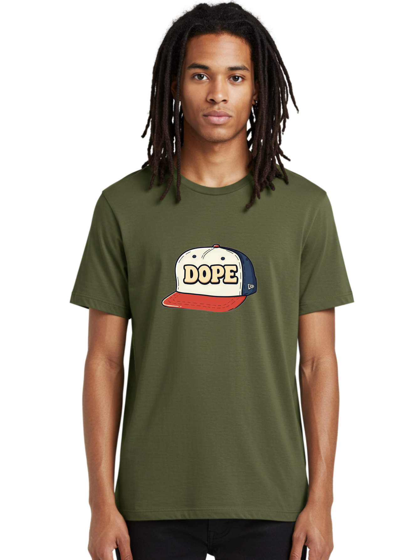 Dope-Baseball-Cap Men'S Graphic Tee, 100% Cotton, Comfortable Casual Summer Wear, Machine Washable, Baseball Cap, Red And Blue Cap, Dope Hat, Streetwear Fashion, New Era Logo, Bold Graphic, Cartoon Style, Trendy Accessory, Casual Wear, Bad055