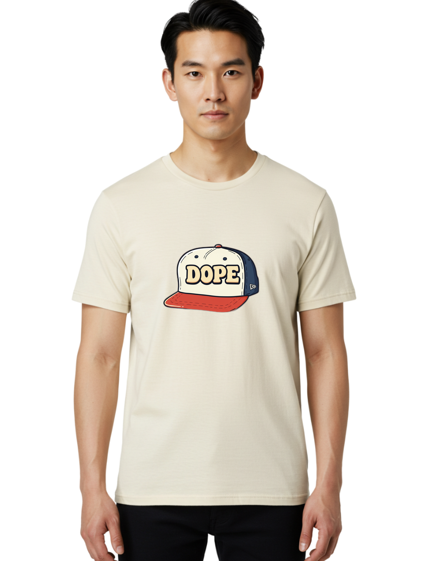 Dope-Baseball-Cap Men'S Graphic Tee, 100% Cotton, Comfortable Casual Summer Wear, Machine Washable, Baseball Cap, Red And Blue Cap, Dope Hat, Streetwear Fashion, New Era Logo, Bold Graphic, Cartoon Style, Trendy Accessory, Casual Wear, Bad055