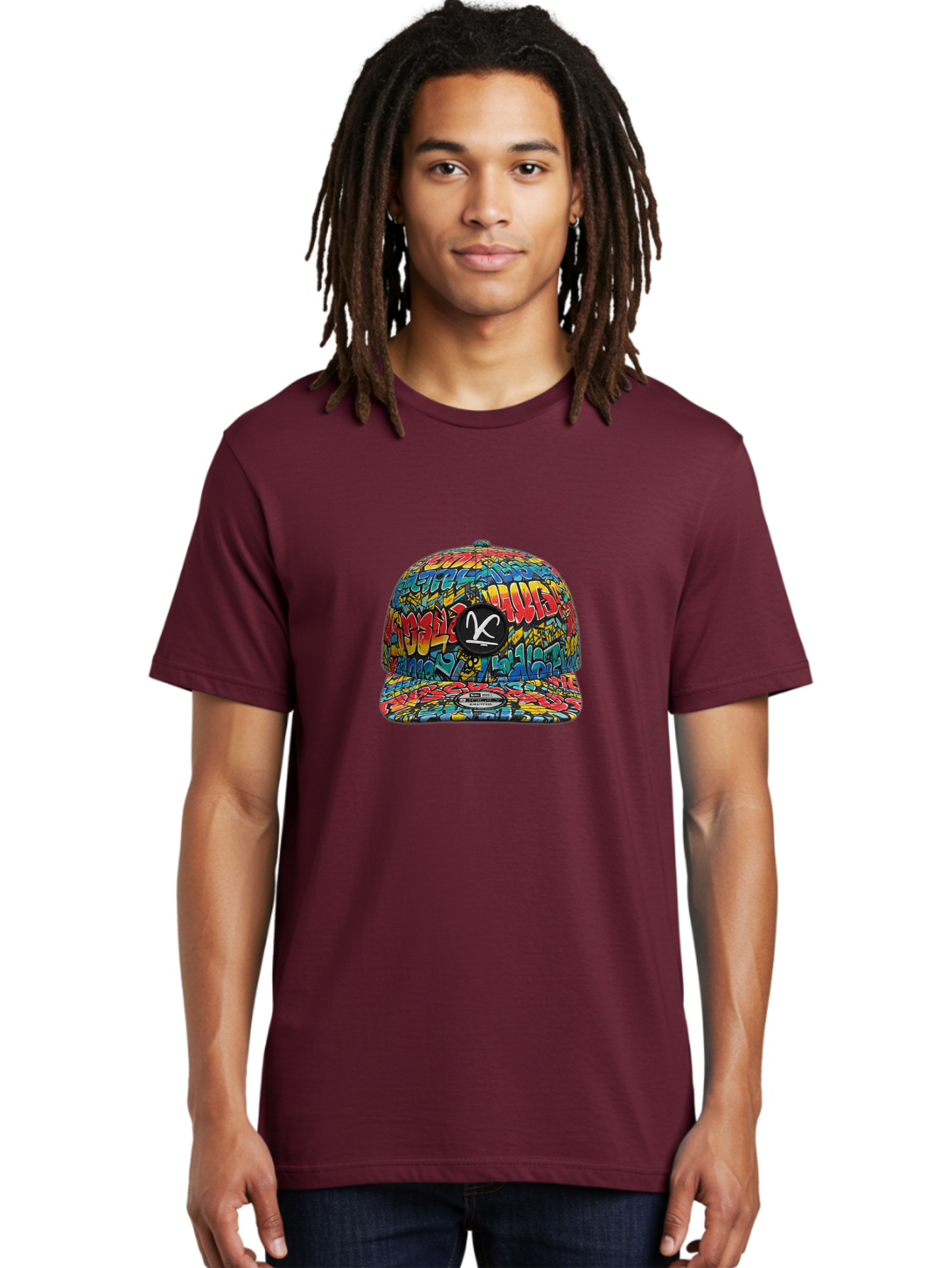 Double-K-Graffiti-Snapback Men'S Graphic Tee, 100% Cotton, Comfortable Casual Summer Wear, Machine Washable, Streetwear Fashion, Graffiti Art, Urban Style, Vibrant Colors, Bold Design, Trendy Accessories, Casual Wear, Baseball Cap, Bad056