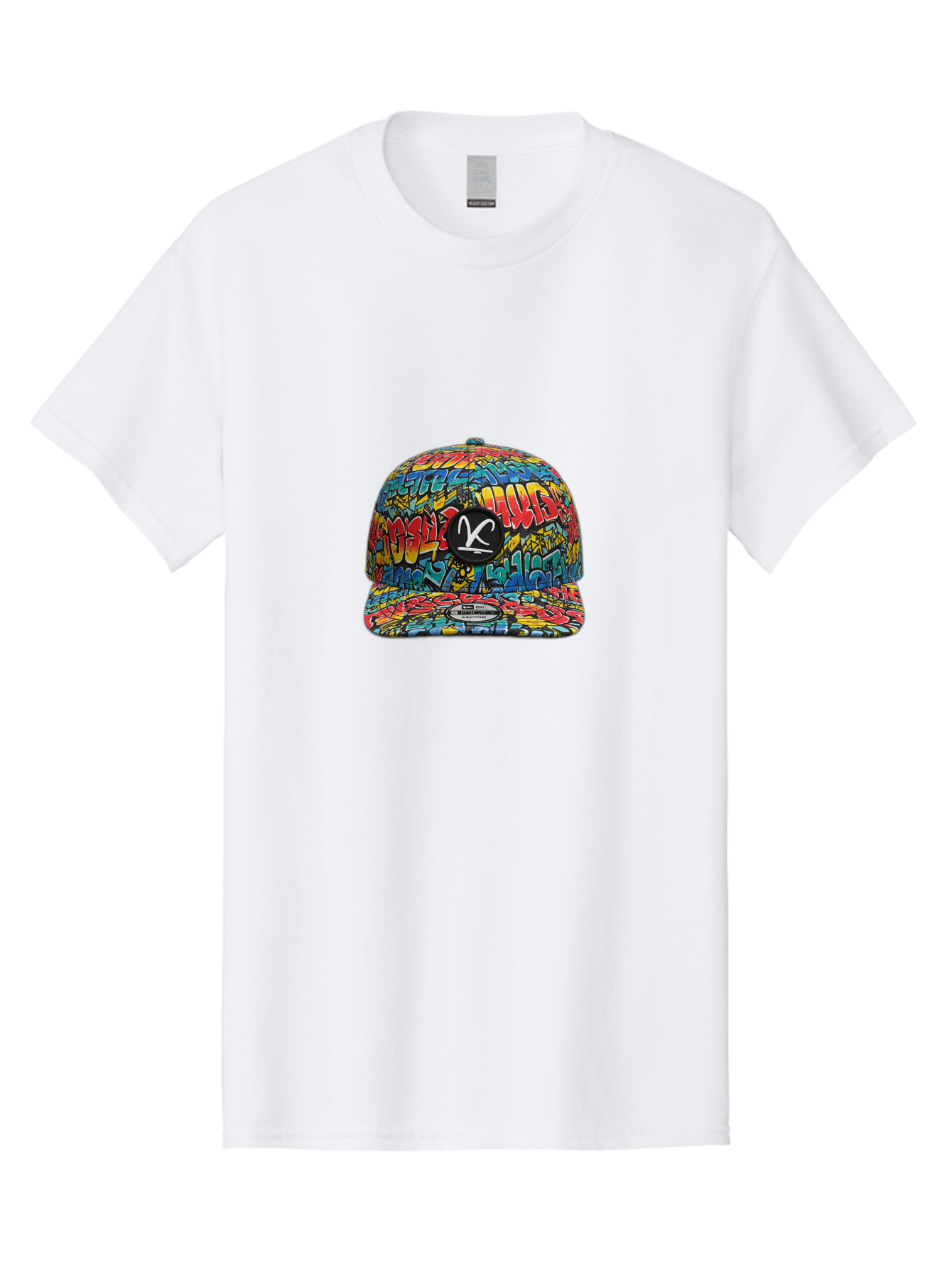 Double-K-Graffiti-Snapback Men'S Graphic Tee, 100% Cotton, Comfortable Casual Summer Wear, Machine Washable, Streetwear Fashion, Graffiti Art, Urban Style, Vibrant Colors, Bold Design, Trendy Accessories, Casual Wear, Baseball Cap, Bad056