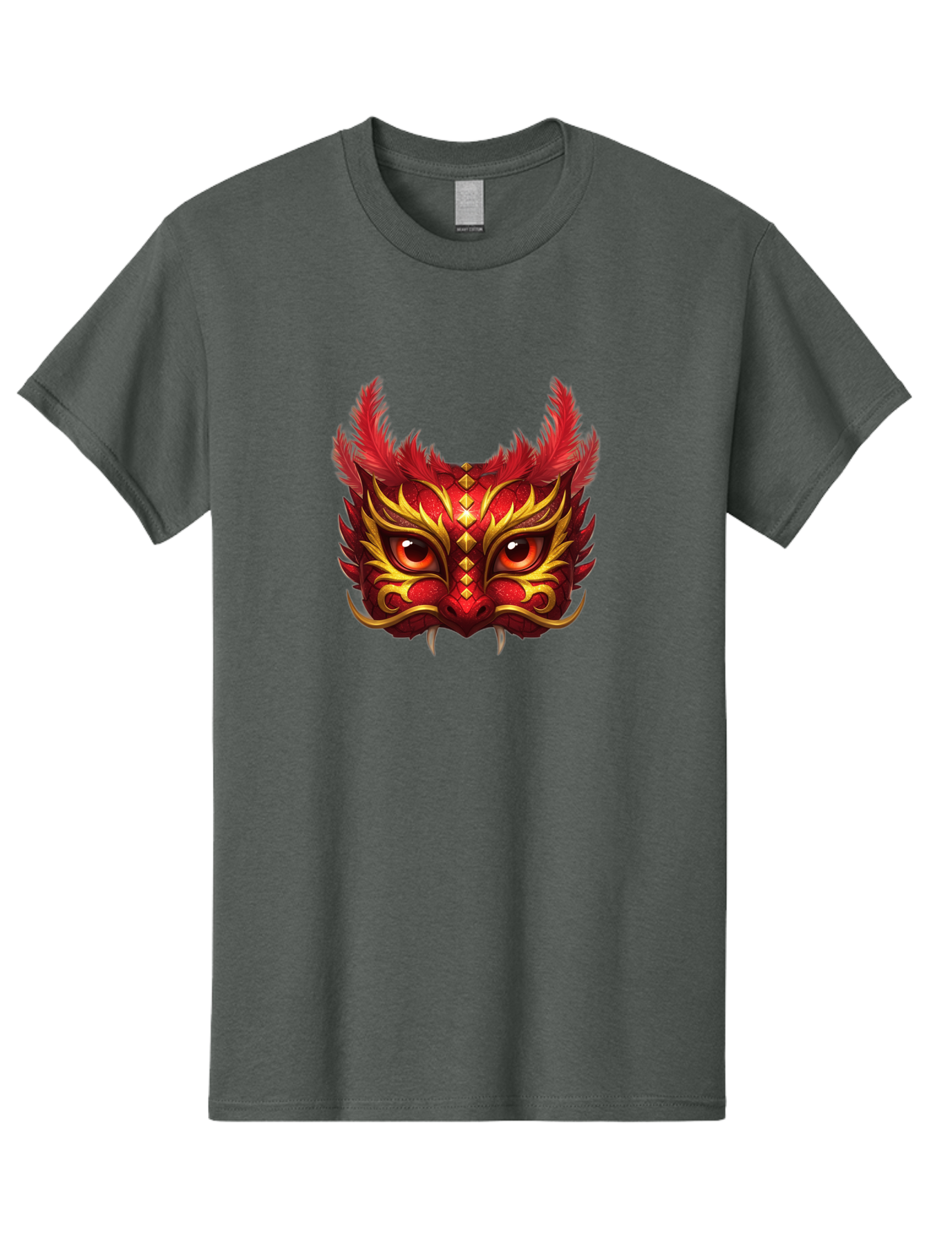 Dragon-Head Men'S Graphic Tee, 100% Cotton, Comfortable Casual Summer Wear, Machine Washable, Red Dragon Face, Gold Accents, Sharp Fangs, Bold Design, Vibrant Red, Mythical Creature, Cultural Symbol, Fierce Expression, Dragon Art Bad057