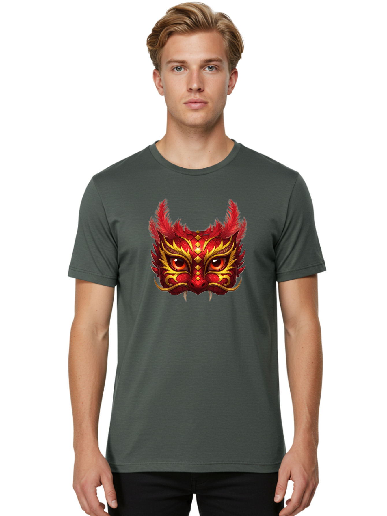 Dragon-Head Men'S Graphic Tee, 100% Cotton, Comfortable Casual Summer Wear, Machine Washable, Red Dragon Face, Gold Accents, Sharp Fangs, Bold Design, Vibrant Red, Mythical Creature, Cultural Symbol, Fierce Expression, Dragon Art Bad057