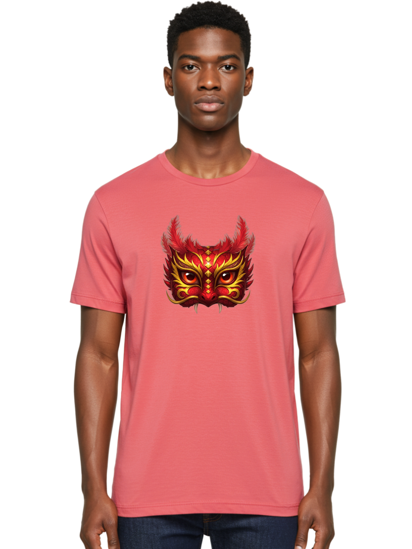 Dragon-Head Men'S Graphic Tee, 100% Cotton, Comfortable Casual Summer Wear, Machine Washable, Red Dragon Face, Gold Accents, Sharp Fangs, Bold Design, Vibrant Red, Mythical Creature, Cultural Symbol, Fierce Expression, Dragon Art Bad057