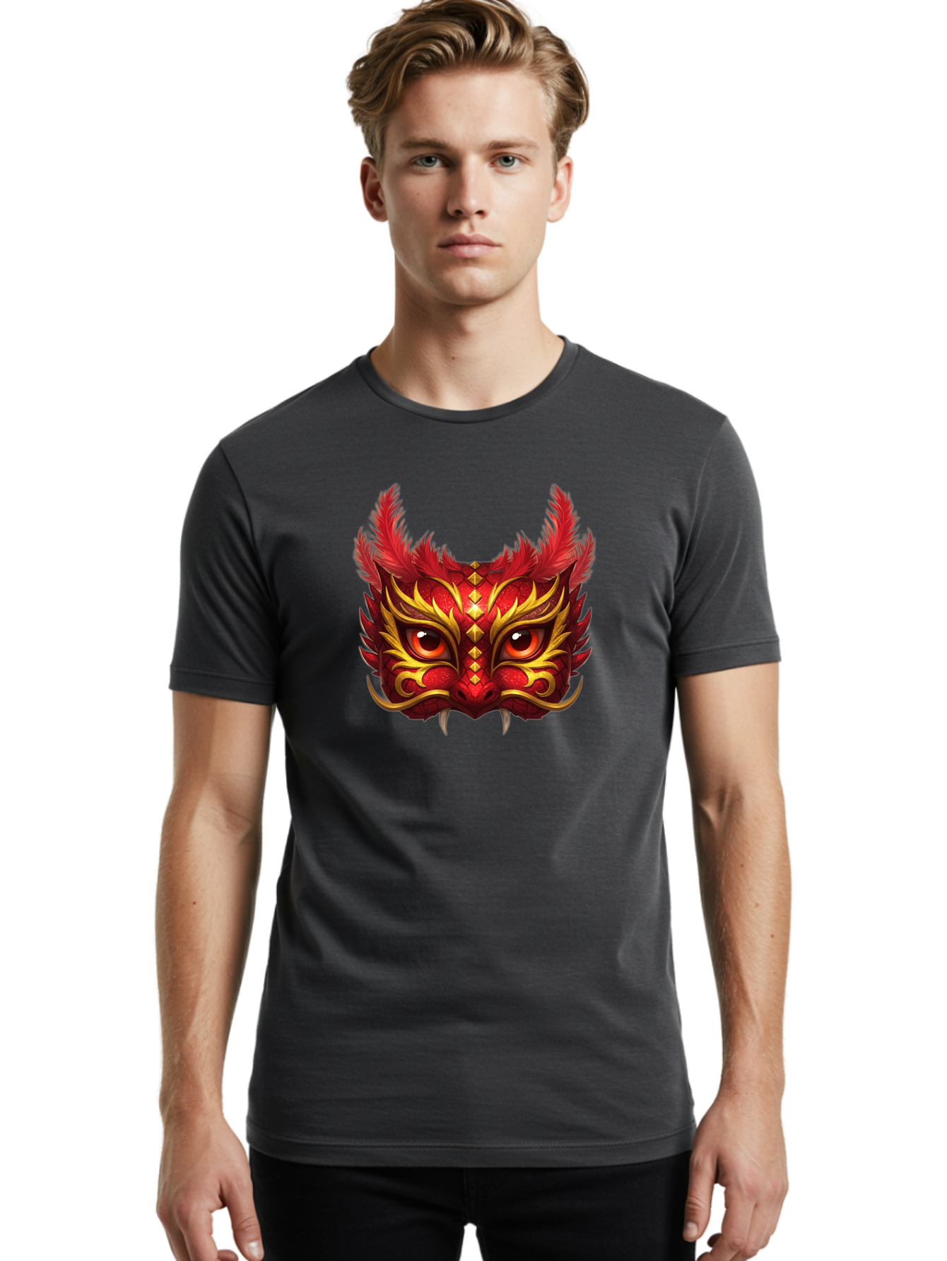 Dragon-Head Men'S Graphic Tee, 100% Cotton, Comfortable Casual Summer Wear, Machine Washable, Red Dragon Face, Gold Accents, Sharp Fangs, Bold Design, Vibrant Red, Mythical Creature, Cultural Symbol, Fierce Expression, Dragon Art Bad057