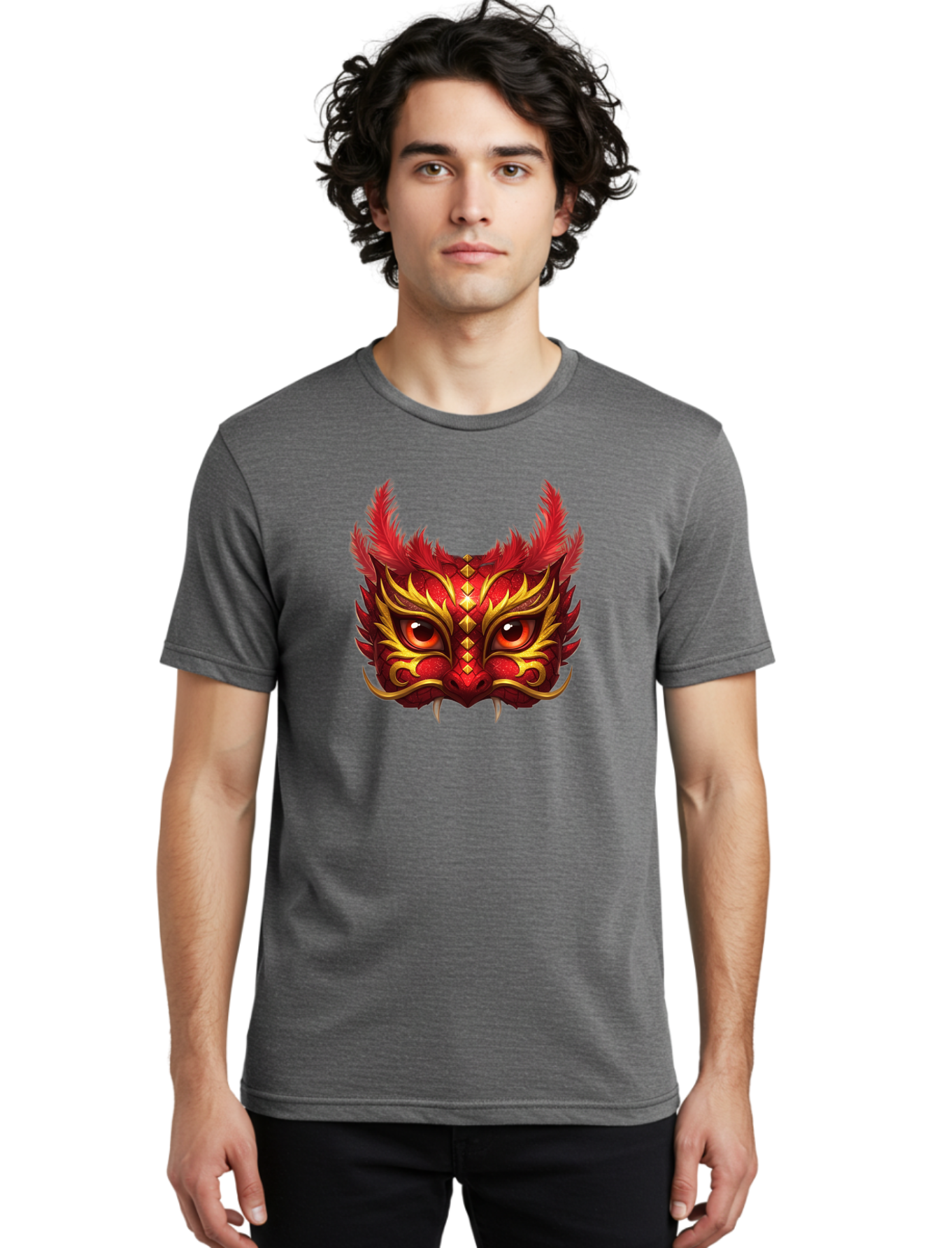 Dragon-Head Men'S Graphic Tee, 100% Cotton, Comfortable Casual Summer Wear, Machine Washable, Red Dragon Face, Gold Accents, Sharp Fangs, Bold Design, Vibrant Red, Mythical Creature, Cultural Symbol, Fierce Expression, Dragon Art Bad057