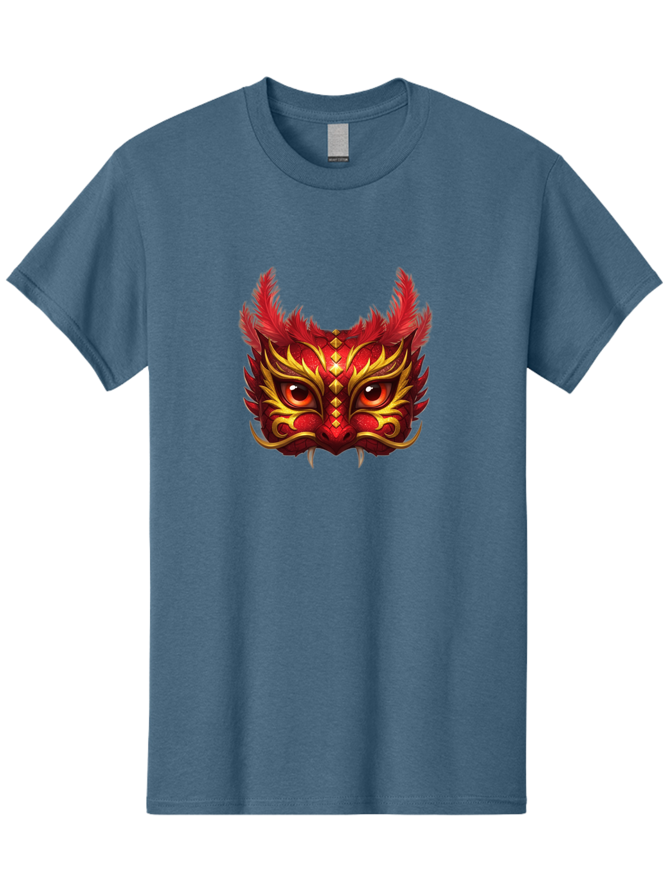Dragon-Head Men'S Graphic Tee, 100% Cotton, Comfortable Casual Summer Wear, Machine Washable, Red Dragon Face, Gold Accents, Sharp Fangs, Bold Design, Vibrant Red, Mythical Creature, Cultural Symbol, Fierce Expression, Dragon Art Bad057