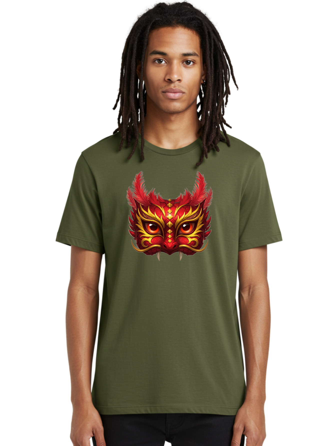 Dragon-Head Men'S Graphic Tee, 100% Cotton, Comfortable Casual Summer Wear, Machine Washable, Red Dragon Face, Gold Accents, Sharp Fangs, Bold Design, Vibrant Red, Mythical Creature, Cultural Symbol, Fierce Expression, Dragon Art Bad057