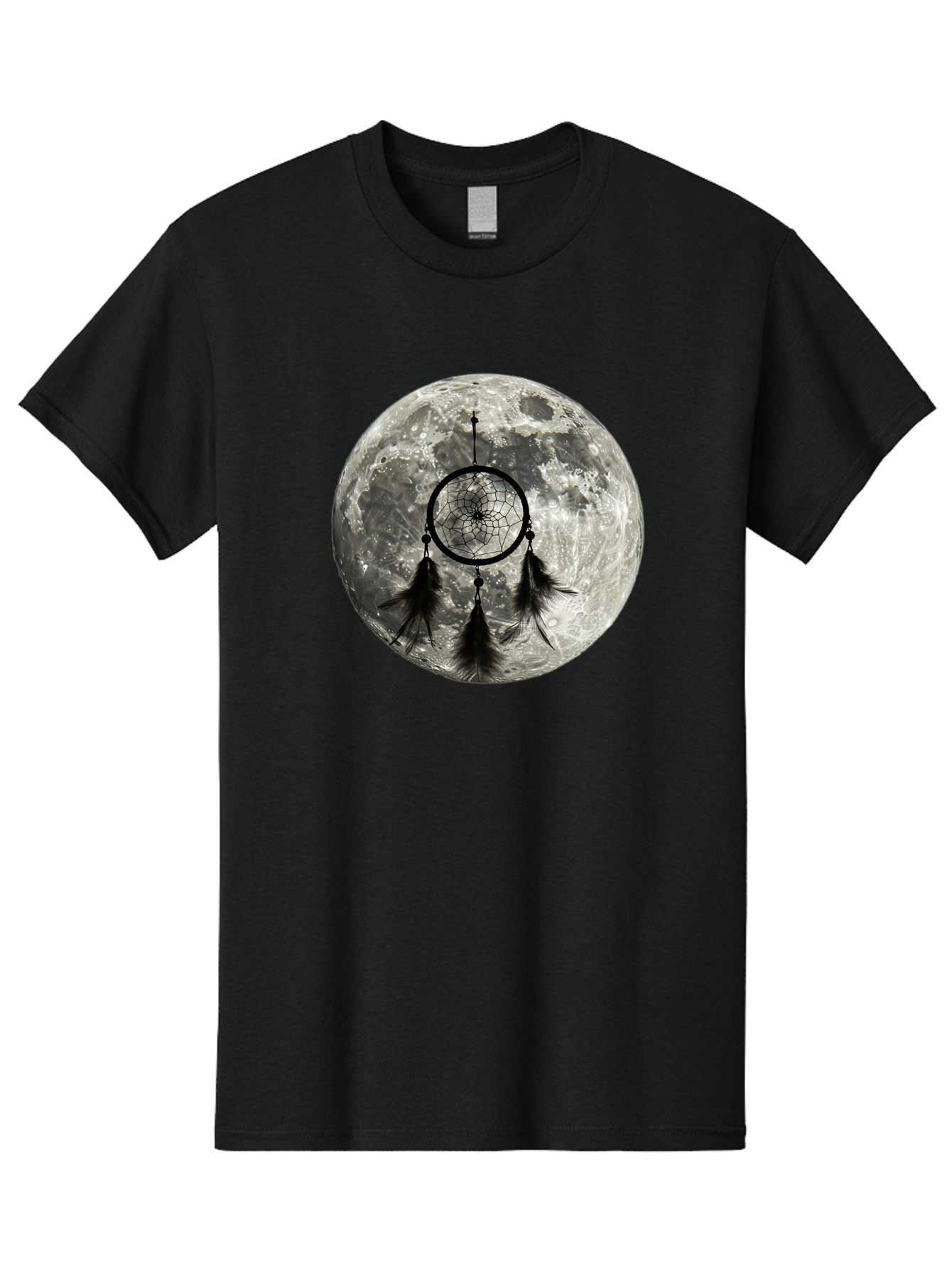 Dreamcatcher-Moon Men'S Graphic Tee, 100% Cotton, Comfortable Casual Summer Wear, Machine Washable, Dreamcatcher With Feathers, Full Moon, Lunar Surface, Mystical Symbol, Spiritual Significance, Black And White, Bohemian Style, Bad058