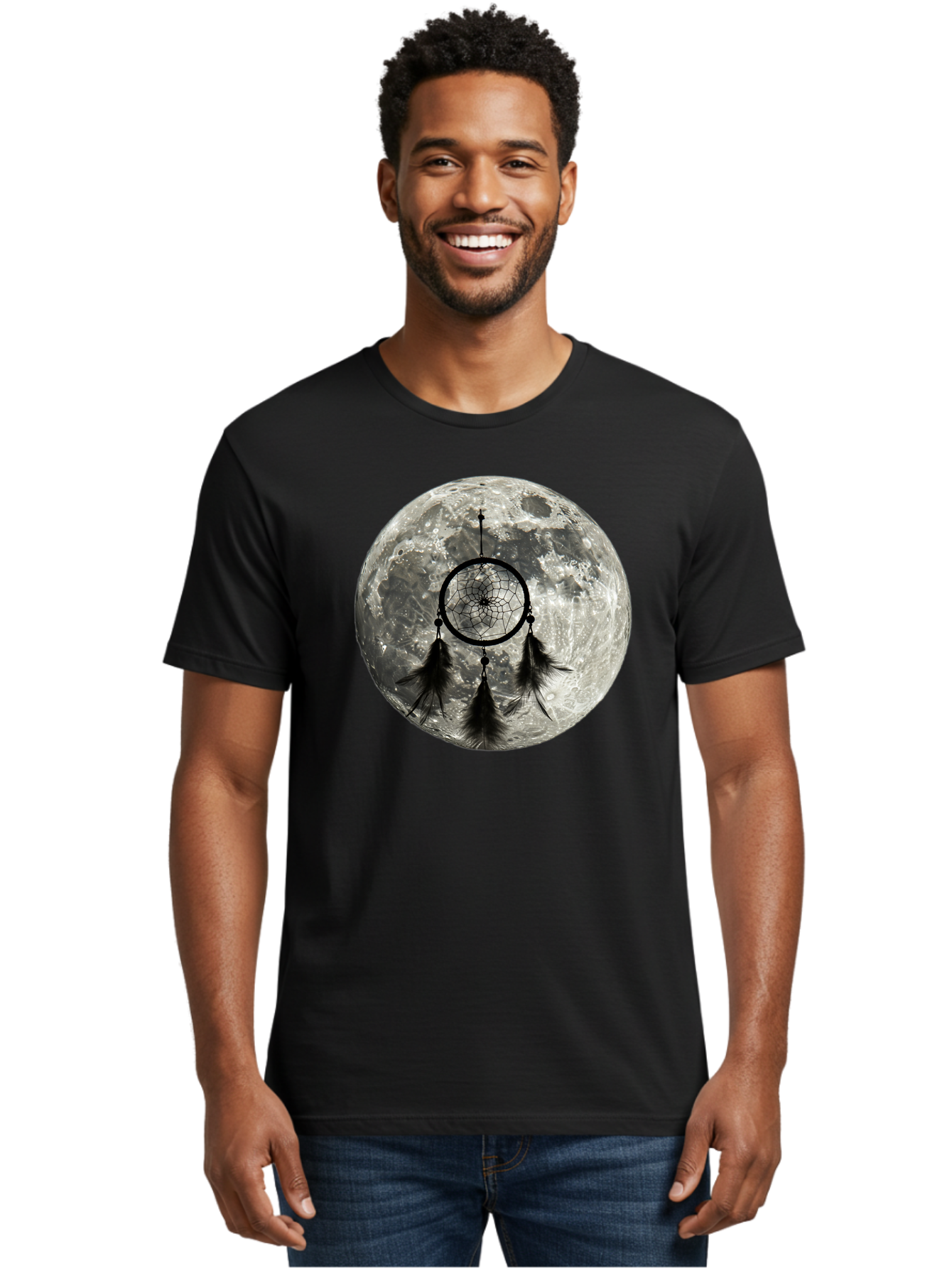 Dreamcatcher-Moon Men'S Graphic Tee, 100% Cotton, Comfortable Casual Summer Wear, Machine Washable, Dreamcatcher With Feathers, Full Moon, Lunar Surface, Mystical Symbol, Spiritual Significance, Black And White, Bohemian Style, Bad058