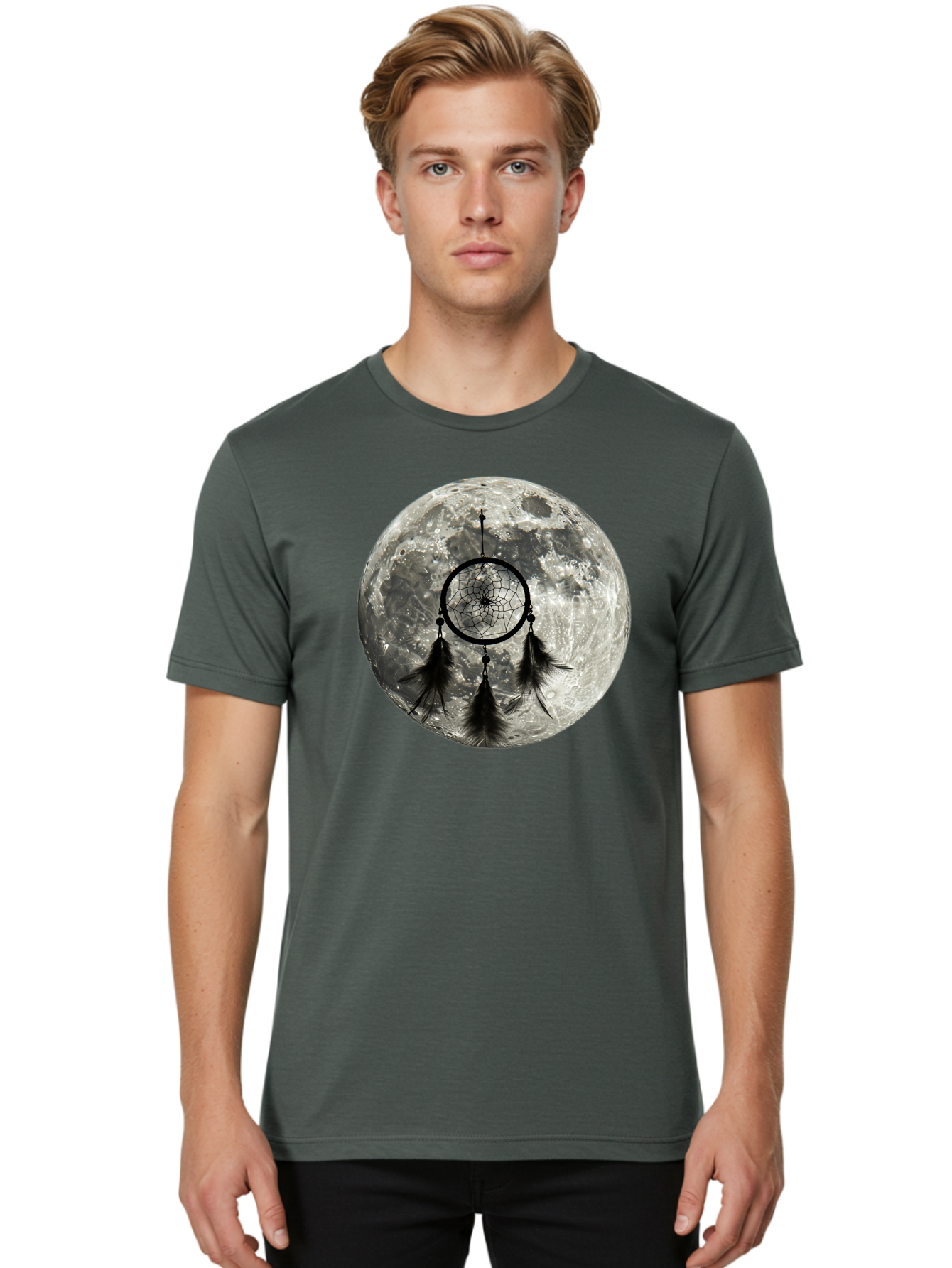 Dreamcatcher-Moon Men'S Graphic Tee, 100% Cotton, Comfortable Casual Summer Wear, Machine Washable, Dreamcatcher With Feathers, Full Moon, Lunar Surface, Mystical Symbol, Spiritual Significance, Black And White, Bohemian Style, Bad058