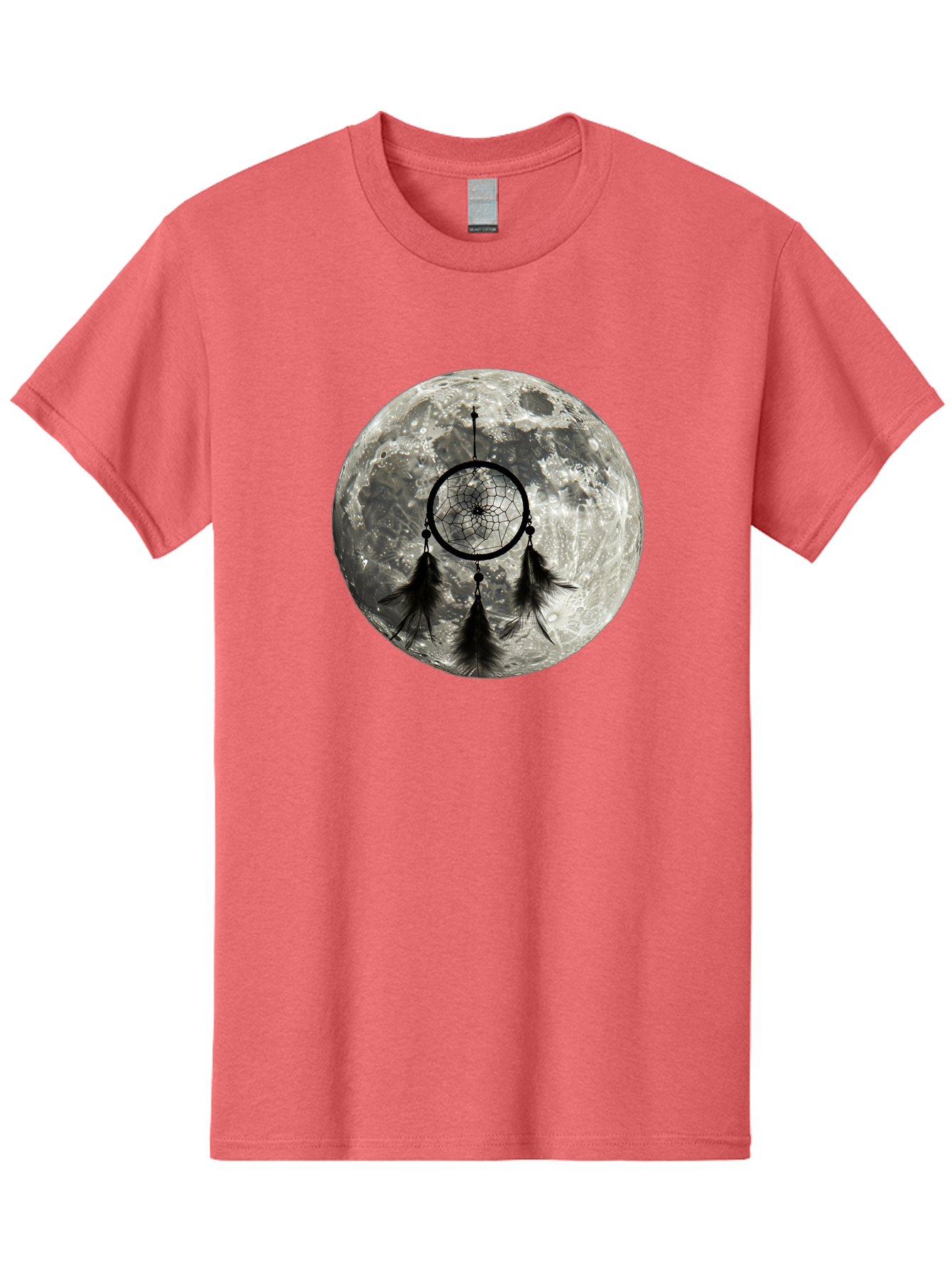 Dreamcatcher-Moon Men'S Graphic Tee, 100% Cotton, Comfortable Casual Summer Wear, Machine Washable, Dreamcatcher With Feathers, Full Moon, Lunar Surface, Mystical Symbol, Spiritual Significance, Black And White, Bohemian Style, Bad058