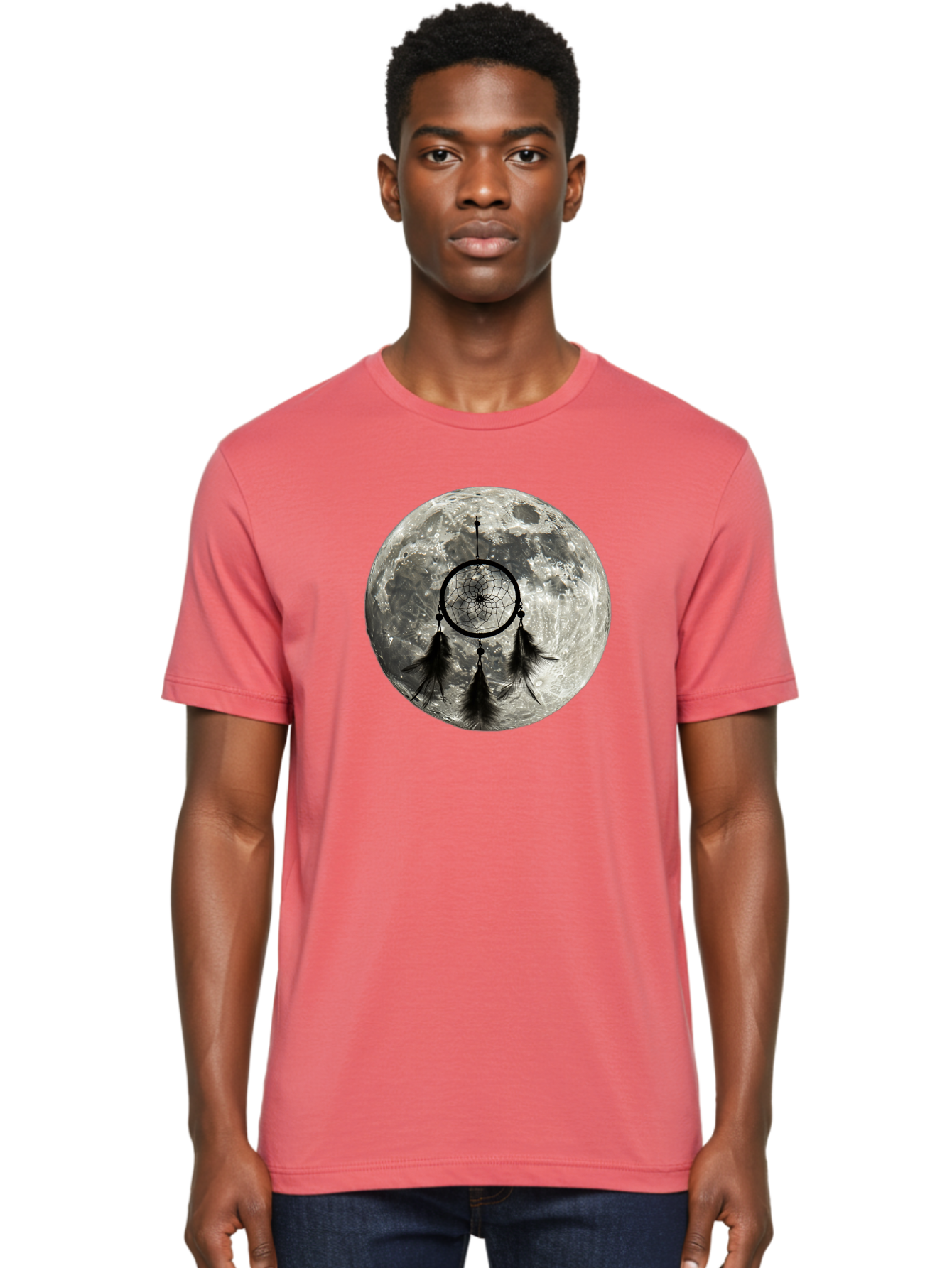 Dreamcatcher-Moon Men'S Graphic Tee, 100% Cotton, Comfortable Casual Summer Wear, Machine Washable, Dreamcatcher With Feathers, Full Moon, Lunar Surface, Mystical Symbol, Spiritual Significance, Black And White, Bohemian Style, Bad058