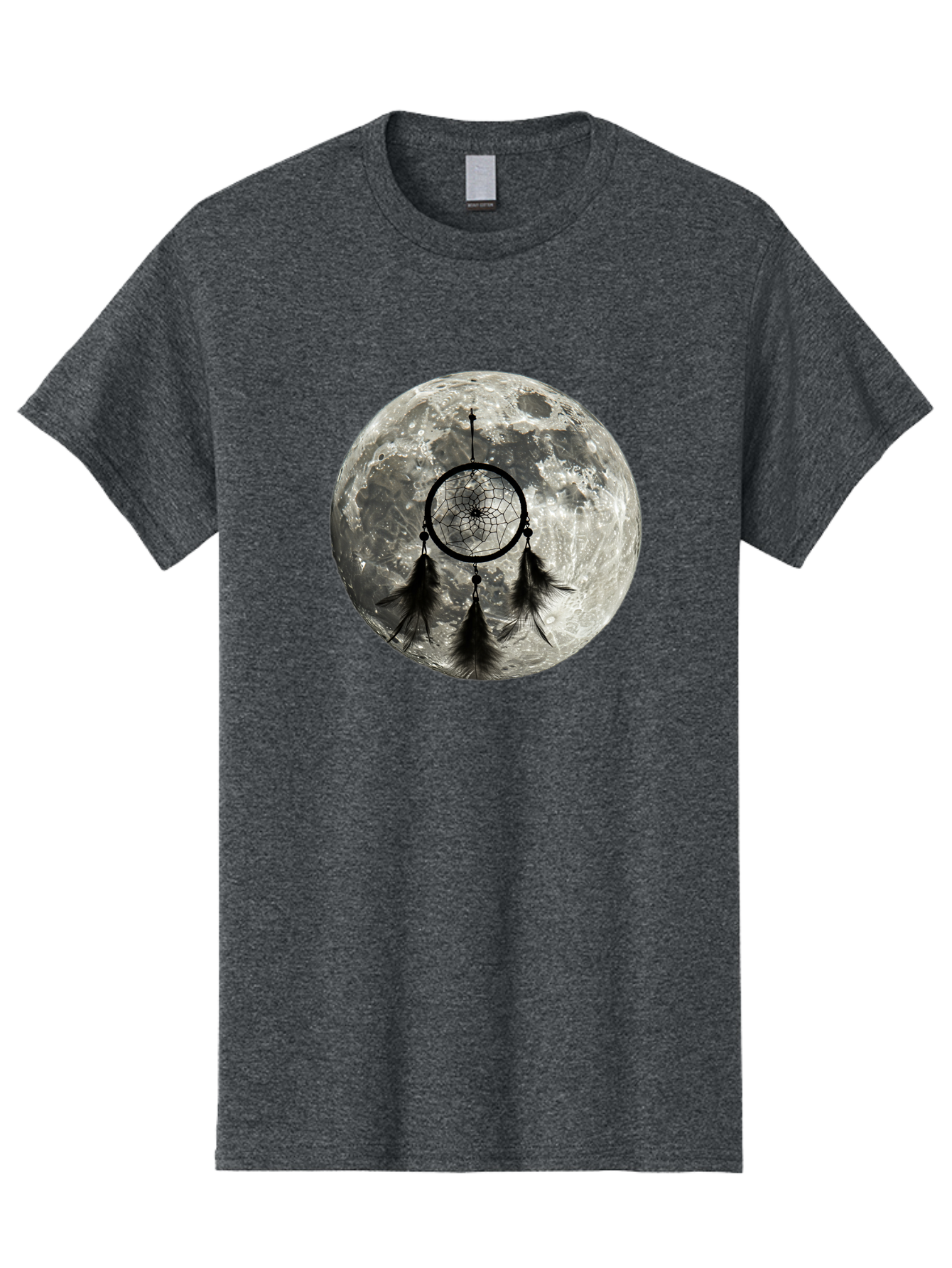 Dreamcatcher-Moon Men'S Graphic Tee, 100% Cotton, Comfortable Casual Summer Wear, Machine Washable, Dreamcatcher With Feathers, Full Moon, Lunar Surface, Mystical Symbol, Spiritual Significance, Black And White, Bohemian Style, Bad058