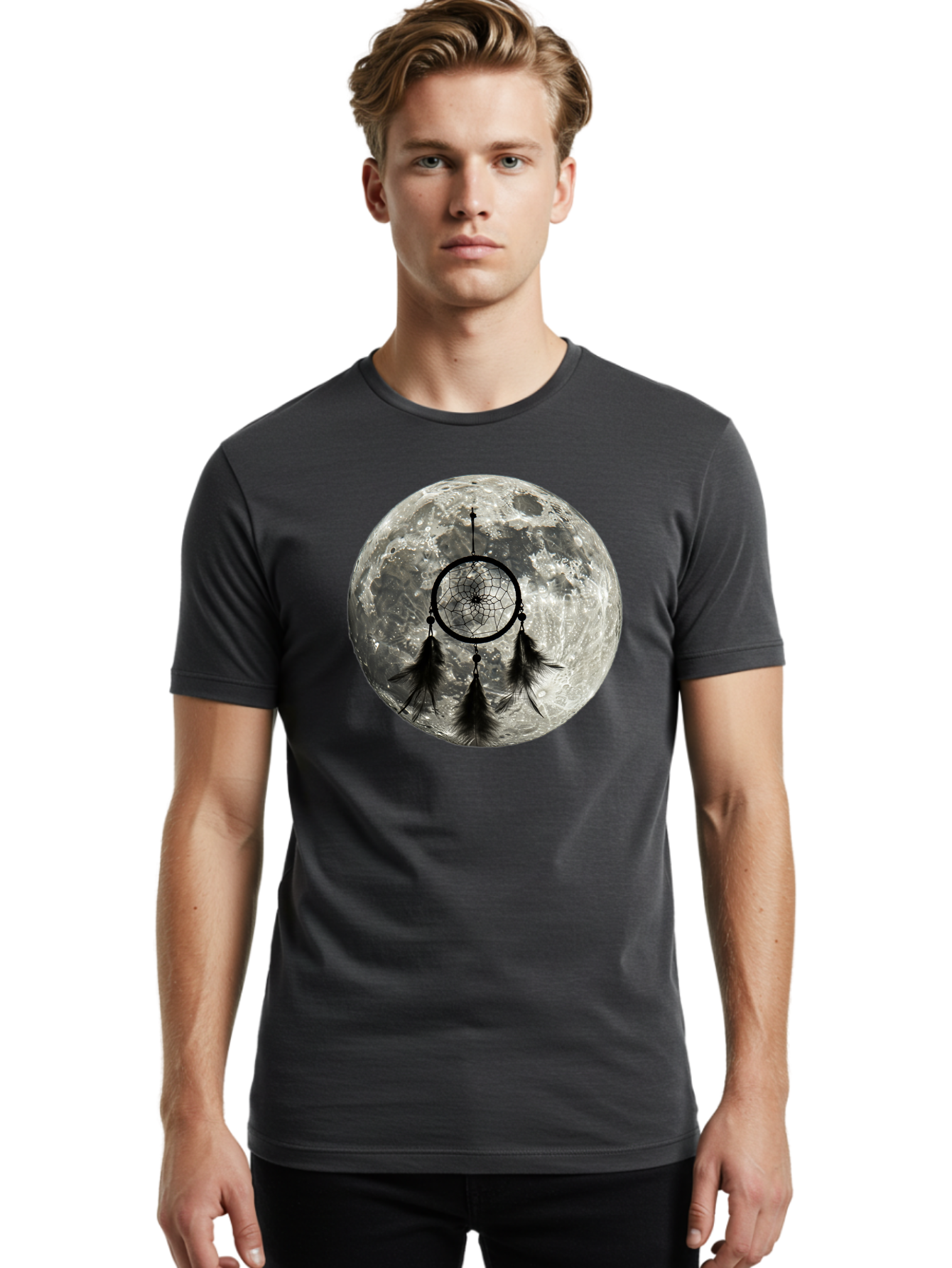 Dreamcatcher-Moon Men'S Graphic Tee, 100% Cotton, Comfortable Casual Summer Wear, Machine Washable, Dreamcatcher With Feathers, Full Moon, Lunar Surface, Mystical Symbol, Spiritual Significance, Black And White, Bohemian Style, Bad058