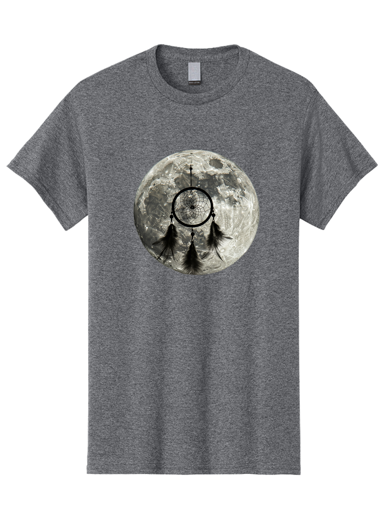 Dreamcatcher-Moon Men'S Graphic Tee, 100% Cotton, Comfortable Casual Summer Wear, Machine Washable, Dreamcatcher With Feathers, Full Moon, Lunar Surface, Mystical Symbol, Spiritual Significance, Black And White, Bohemian Style, Bad058