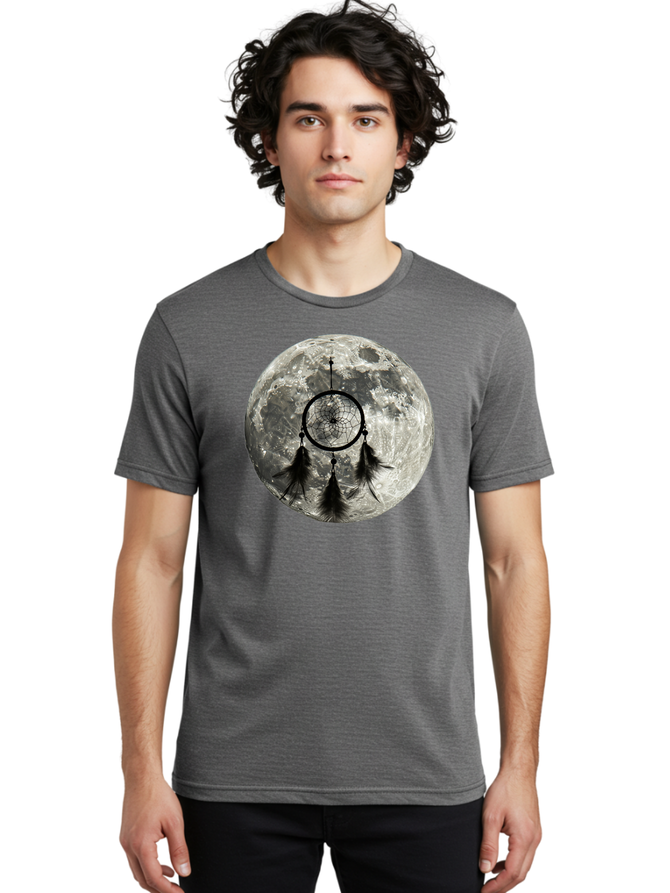 Dreamcatcher-Moon Men'S Graphic Tee, 100% Cotton, Comfortable Casual Summer Wear, Machine Washable, Dreamcatcher With Feathers, Full Moon, Lunar Surface, Mystical Symbol, Spiritual Significance, Black And White, Bohemian Style, Bad058