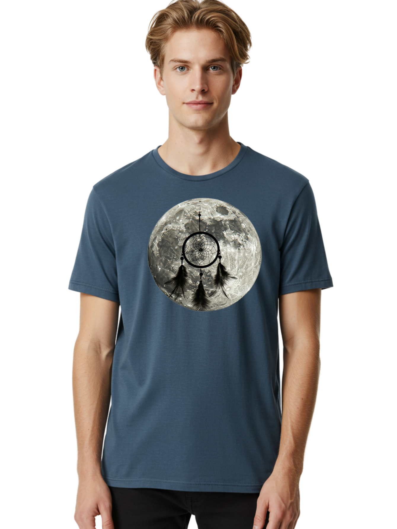 Dreamcatcher-Moon Men'S Graphic Tee, 100% Cotton, Comfortable Casual Summer Wear, Machine Washable, Dreamcatcher With Feathers, Full Moon, Lunar Surface, Mystical Symbol, Spiritual Significance, Black And White, Bohemian Style, Bad058