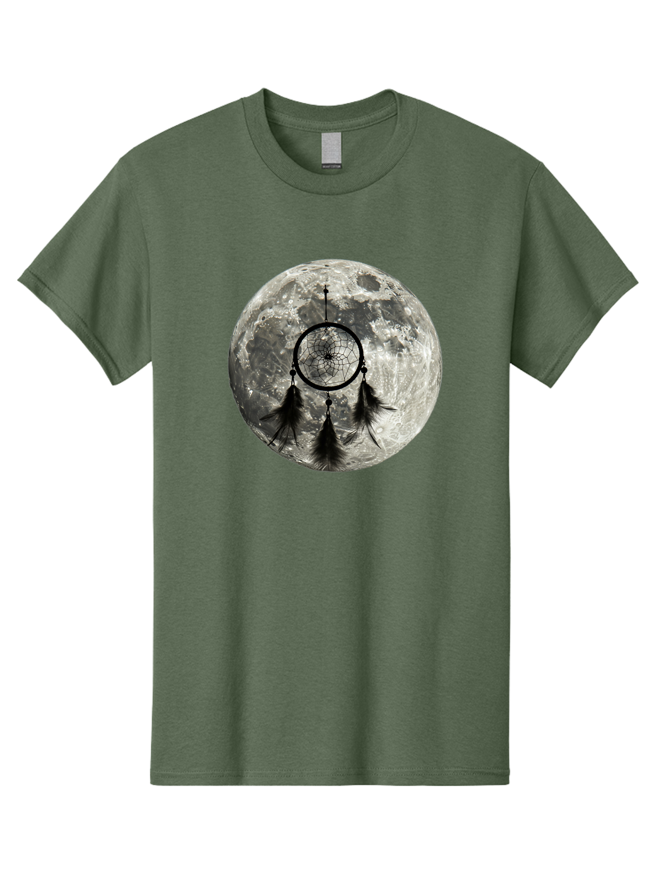 Dreamcatcher-Moon Men'S Graphic Tee, 100% Cotton, Comfortable Casual Summer Wear, Machine Washable, Dreamcatcher With Feathers, Full Moon, Lunar Surface, Mystical Symbol, Spiritual Significance, Black And White, Bohemian Style, Bad058